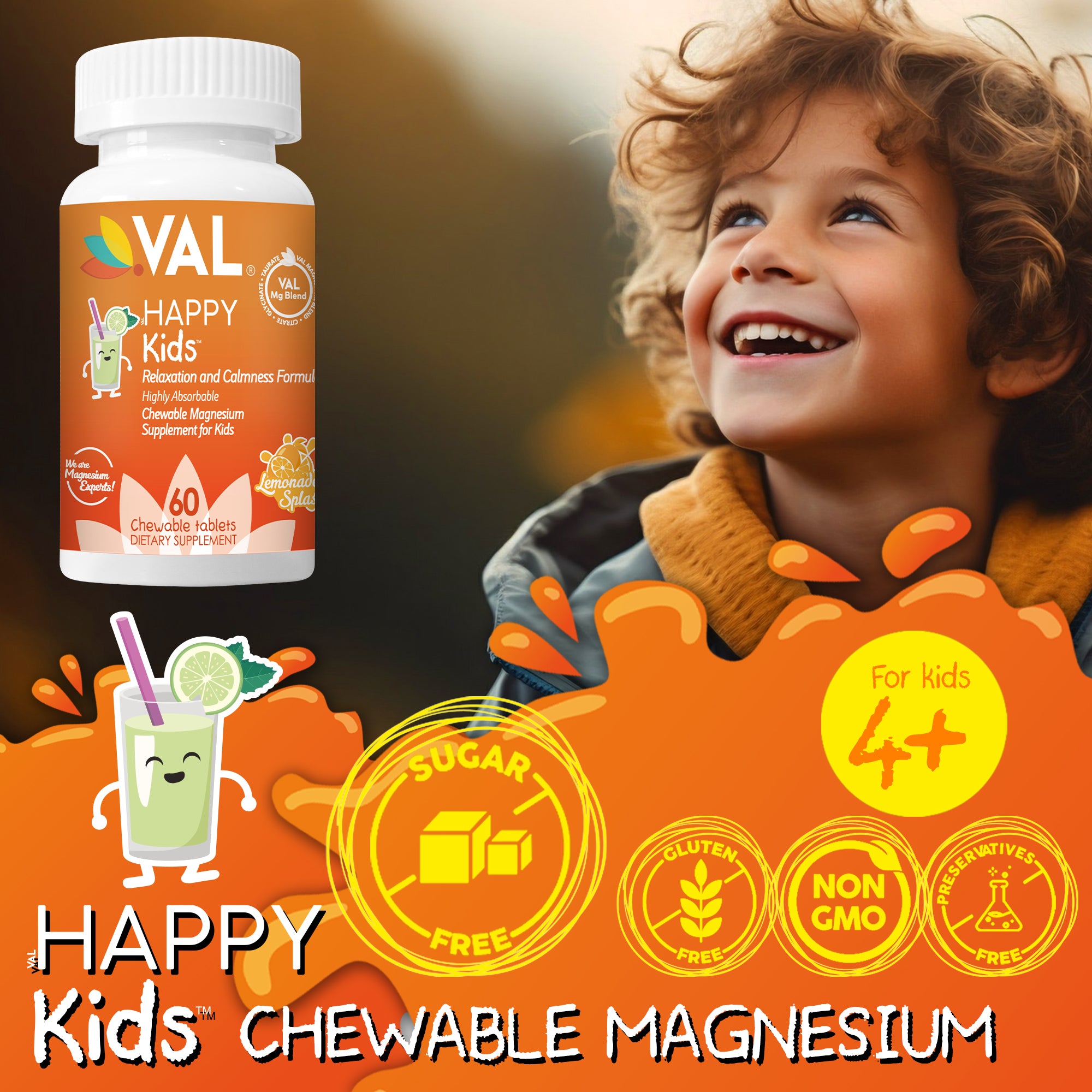 VAL Happy Kids Chewable Magnesium for Kids - Lemonade Splash Flavor Relaxation and Calm Formula - 60 Chewable Tablets