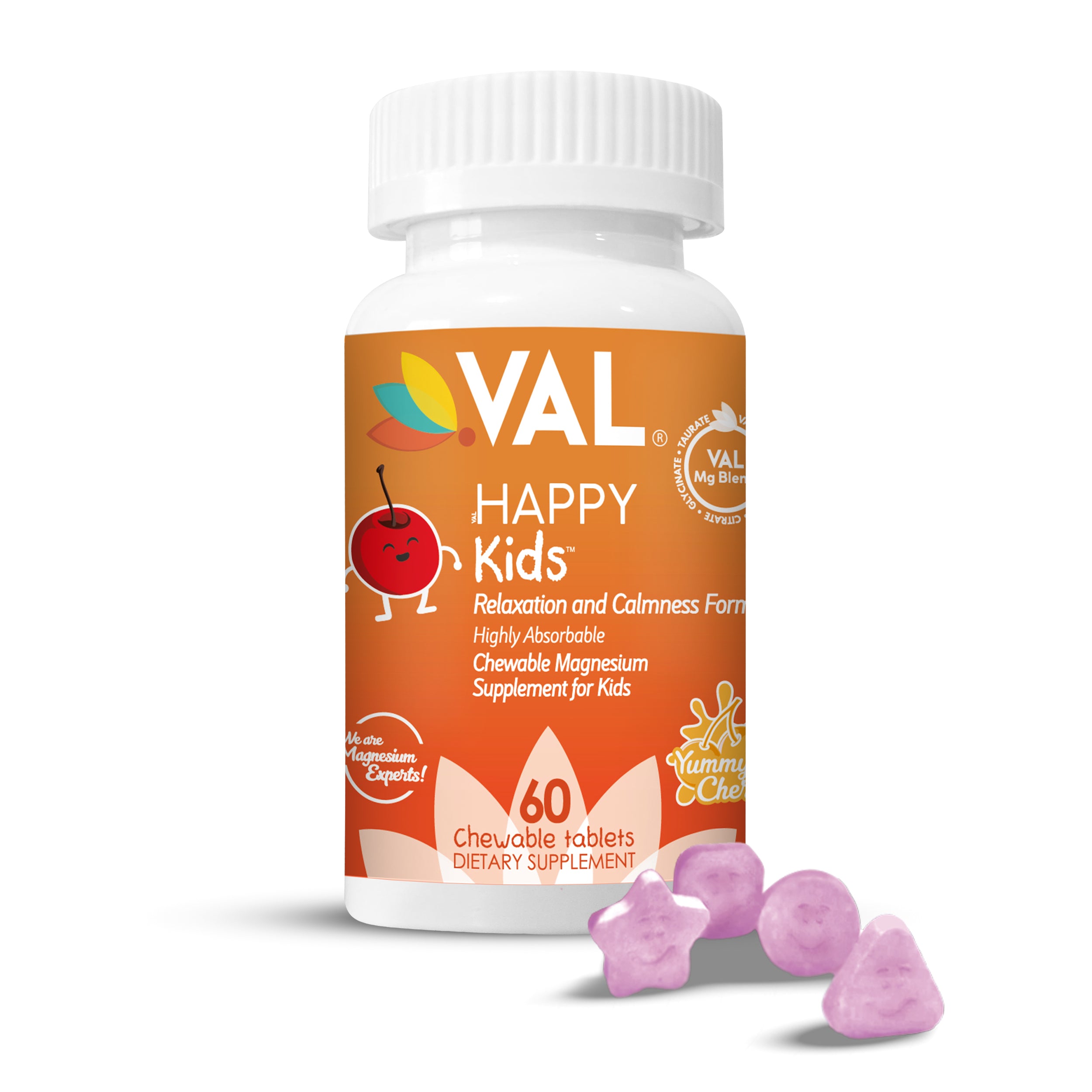 VAL Happy Kids Chewable Magnesium for Kids - Yummy Cherry Flavor Relaxation and Calm Formula - 60 Chewable Tablets