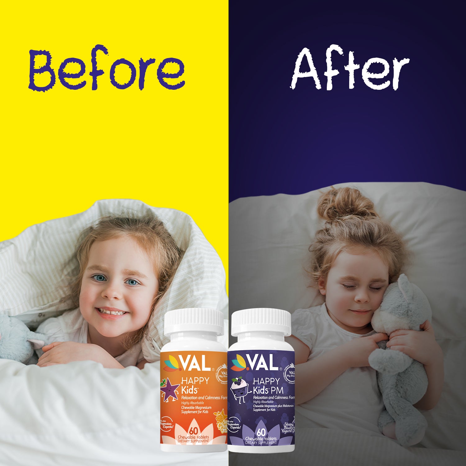 Dual Action | Focus + Sleep Support - Magnesium Day & Night Chewables for Kids | VAL Happy Kids