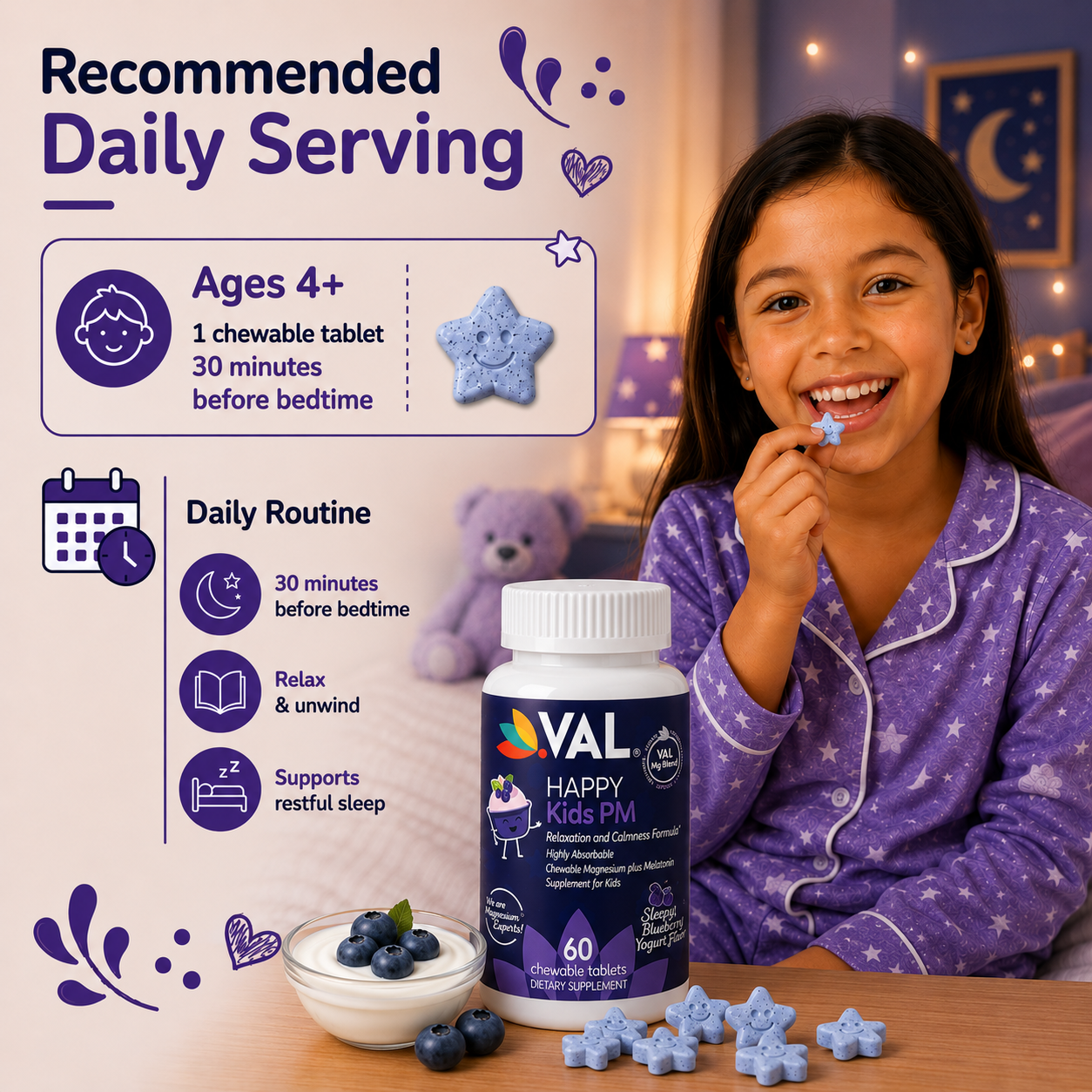 Peaceful Sleep & Bedtime Calm Sugar-Free Chewable – Magnesium + Melatonin, Vitamin B6 & C | 60 Tablets | VAL Happy Kids | Blueberry Yogurt