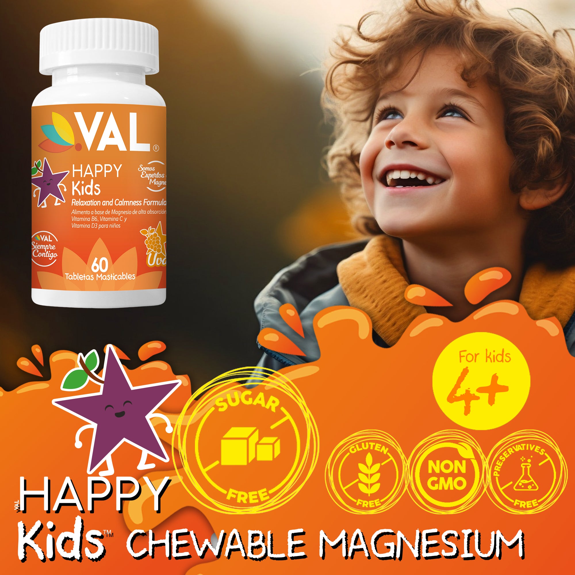 Calm, Focus & Relaxation Sugar-Free Chewable Magnesium for Kids | 60 Tablets | VAL Happy Kids