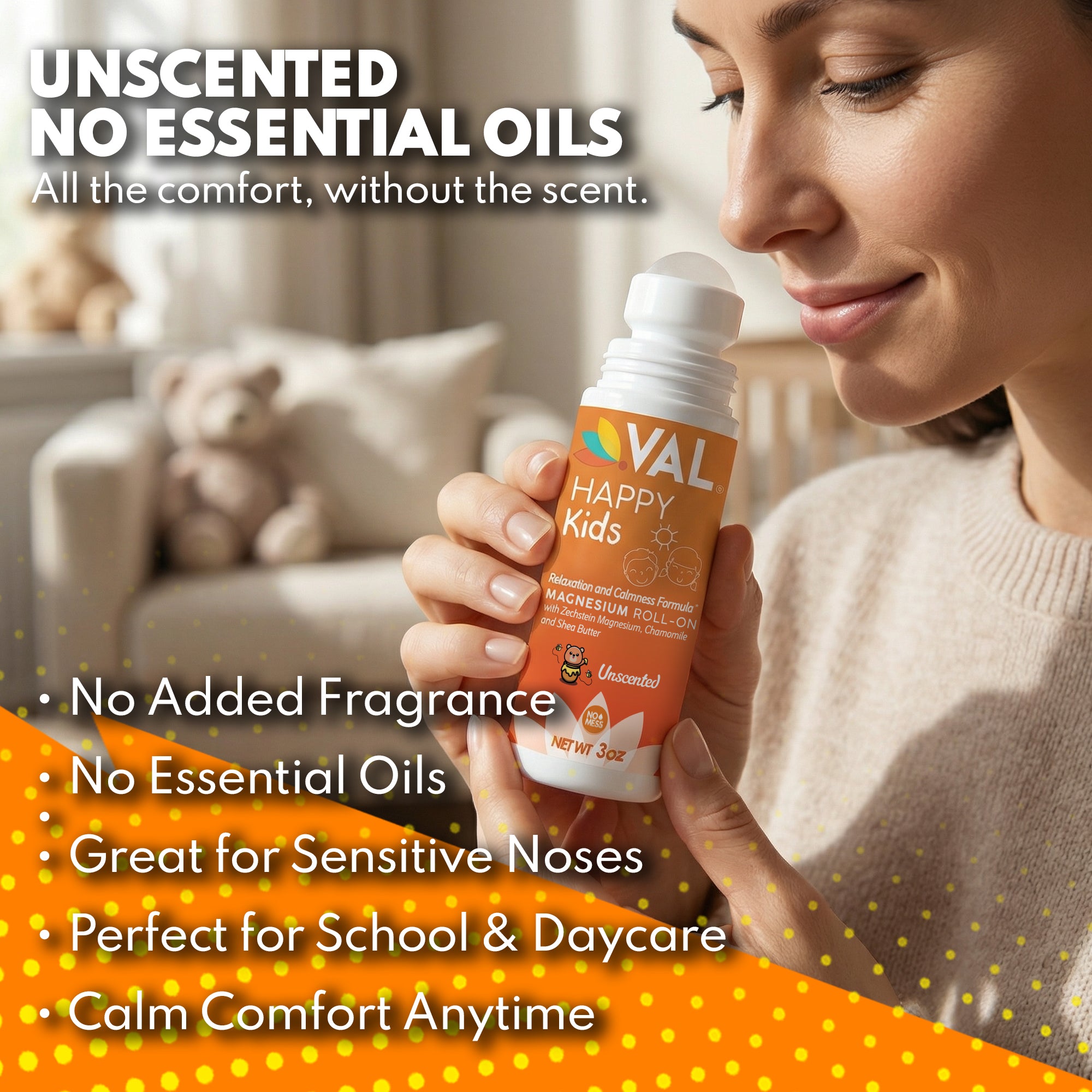 VAL Happy Kids Unscented Magnesium Roll-On, Relaxation & Calm Formula for Kids, Zechstein® Magnesium with Chamomile & Shea Butter, Fragrance-Free, 3 oz