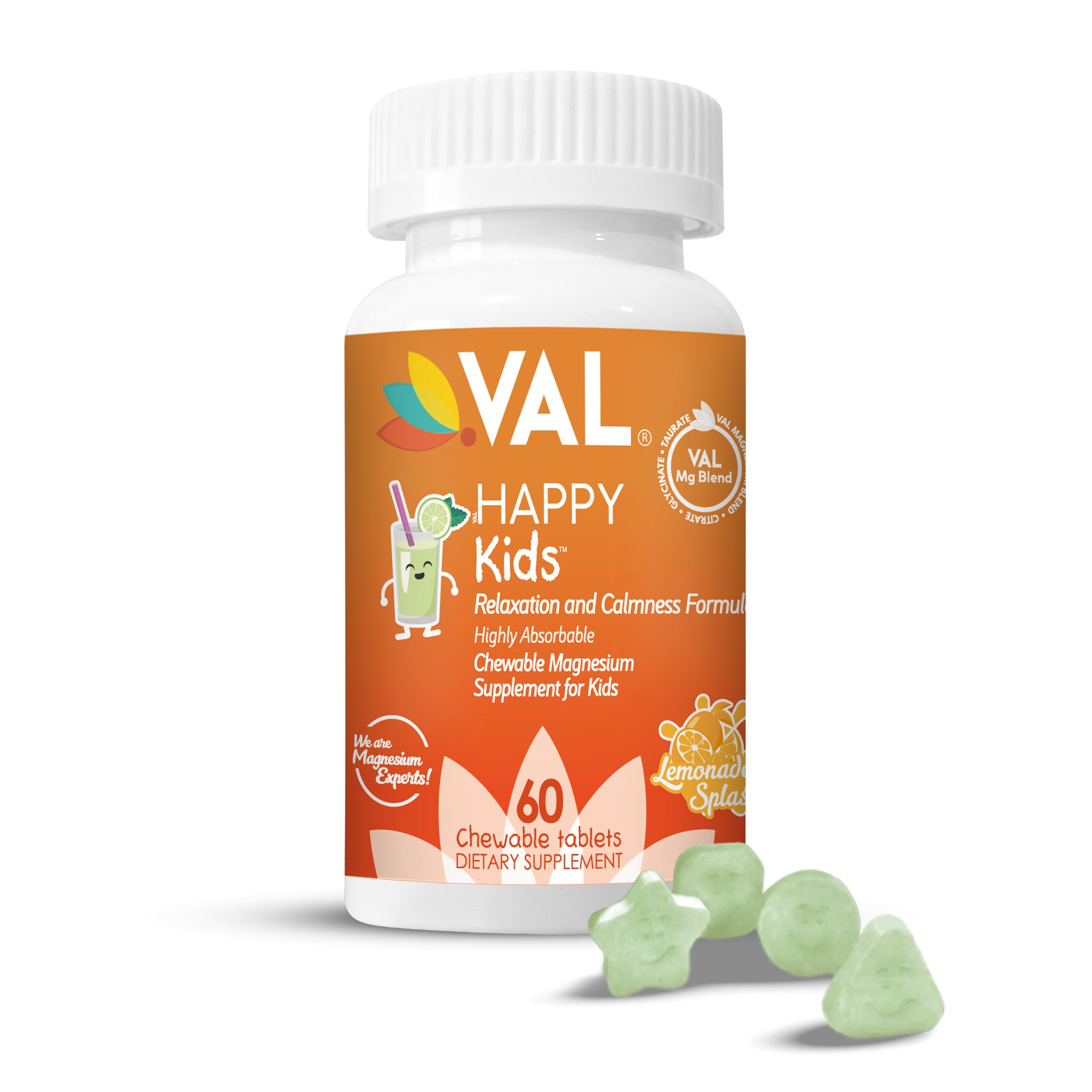 VAL Happy Kids Chewable Magnesium for Kids - Lemonade Splash Flavor Relaxation and Calm Formula - 60 Chewable Tablets