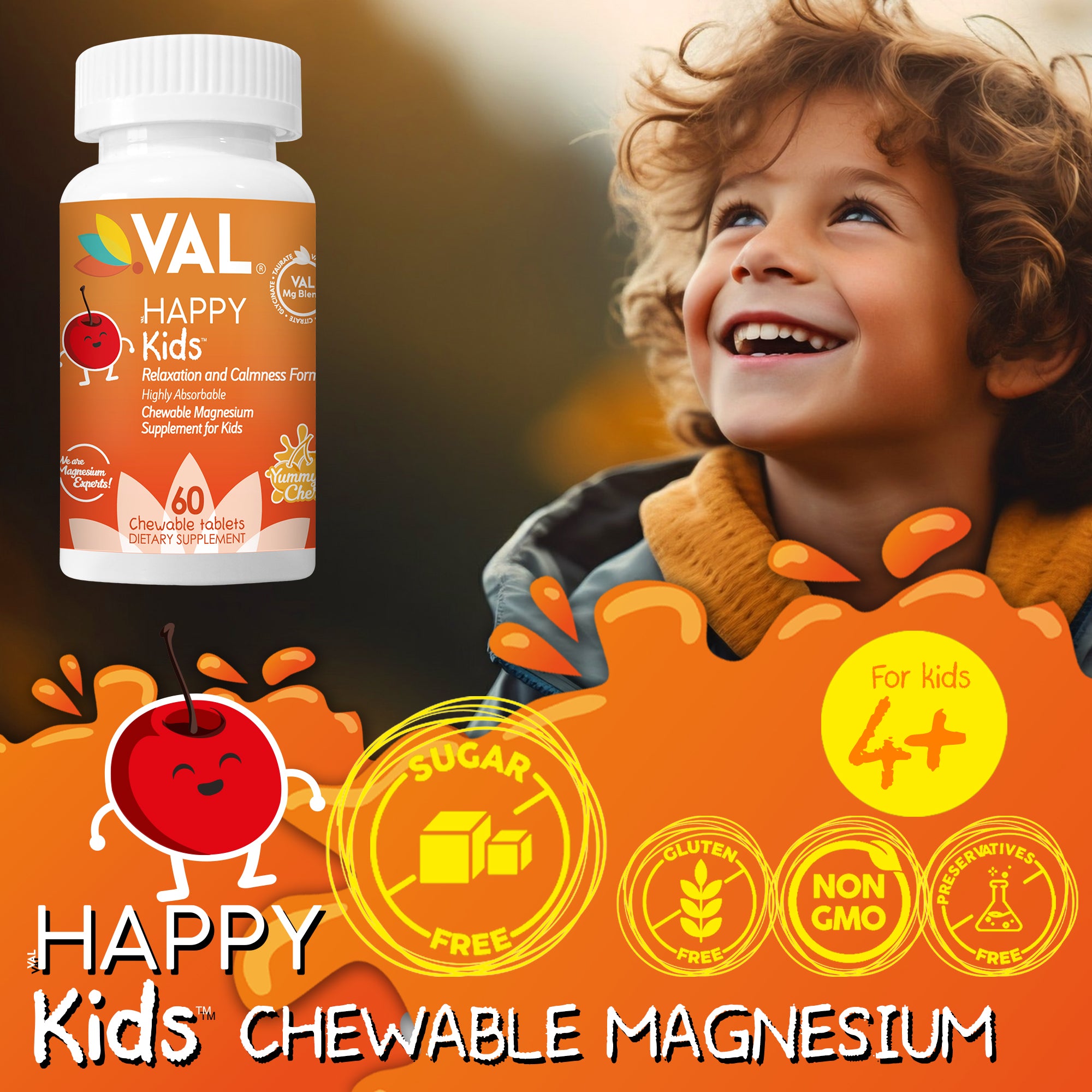 Calm, Focus & Relaxation Sugar-Free Chewable Magnesium for Kids | 60 Tablets | VAL Happy Kids | Yummy Cherry
