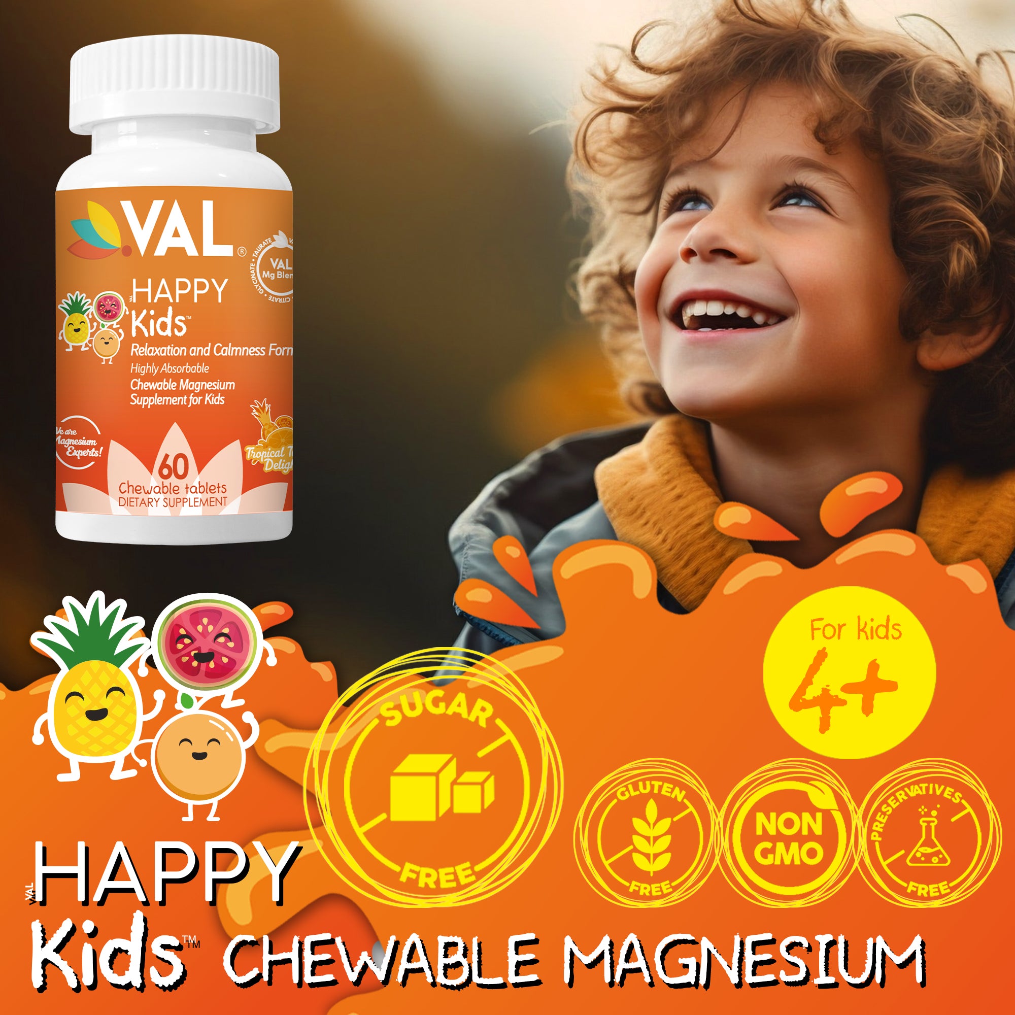 Calm, Focus & Relaxation Sugar-Free Chewable Magnesium for Kids | 60 Tablets | VAL Happy Kids | Tropical Twist