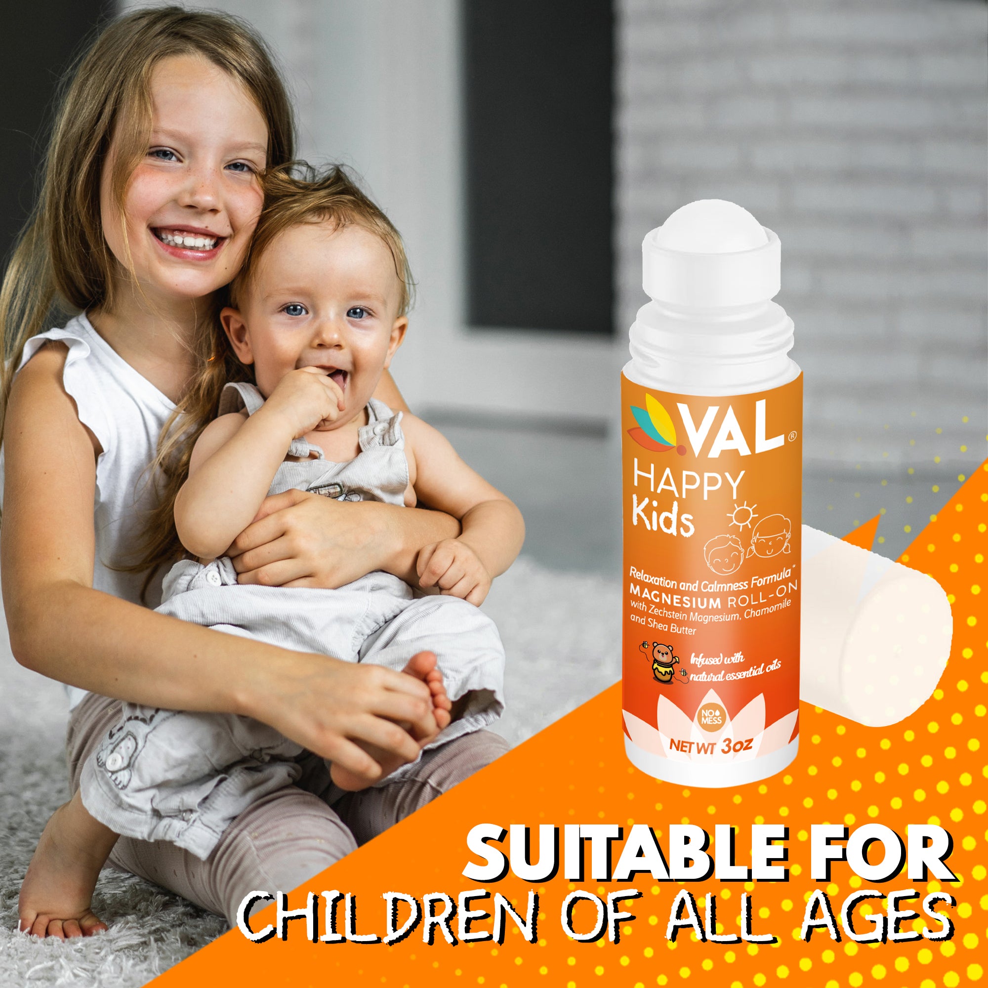 Calm, Focus & Better Sleep Roll-On for Kids | Pure Zechstein Magnesium | VAL Happy Kids