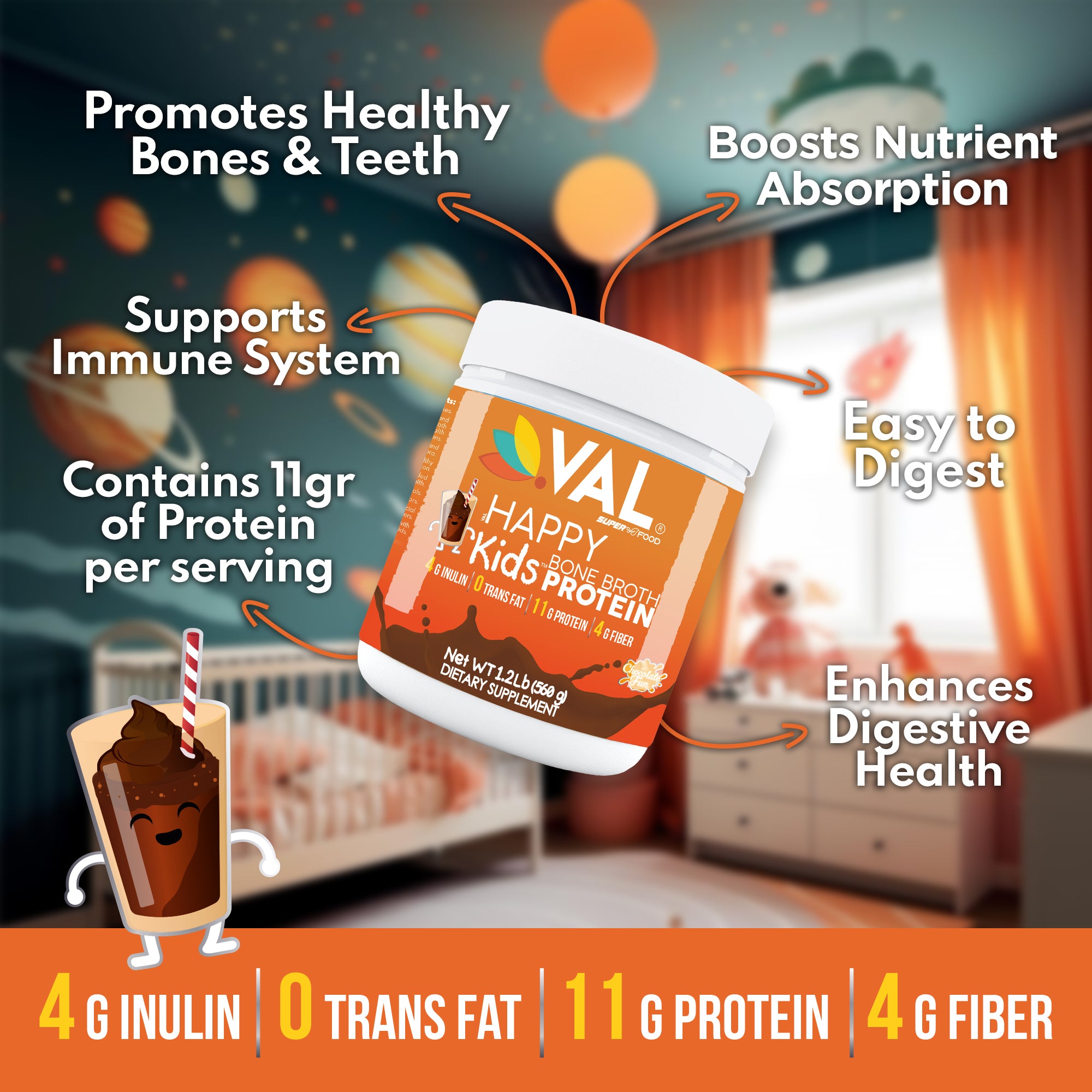 VAL Happy Kids Bone Broth Powder Protein and Collagen Powerhouse: 11g of high-quality protein and 6g of collagen per serving. Enriched with 4g of inulin, Pea Protein, and MCT Oil, Chocolate Fun, 32 servings