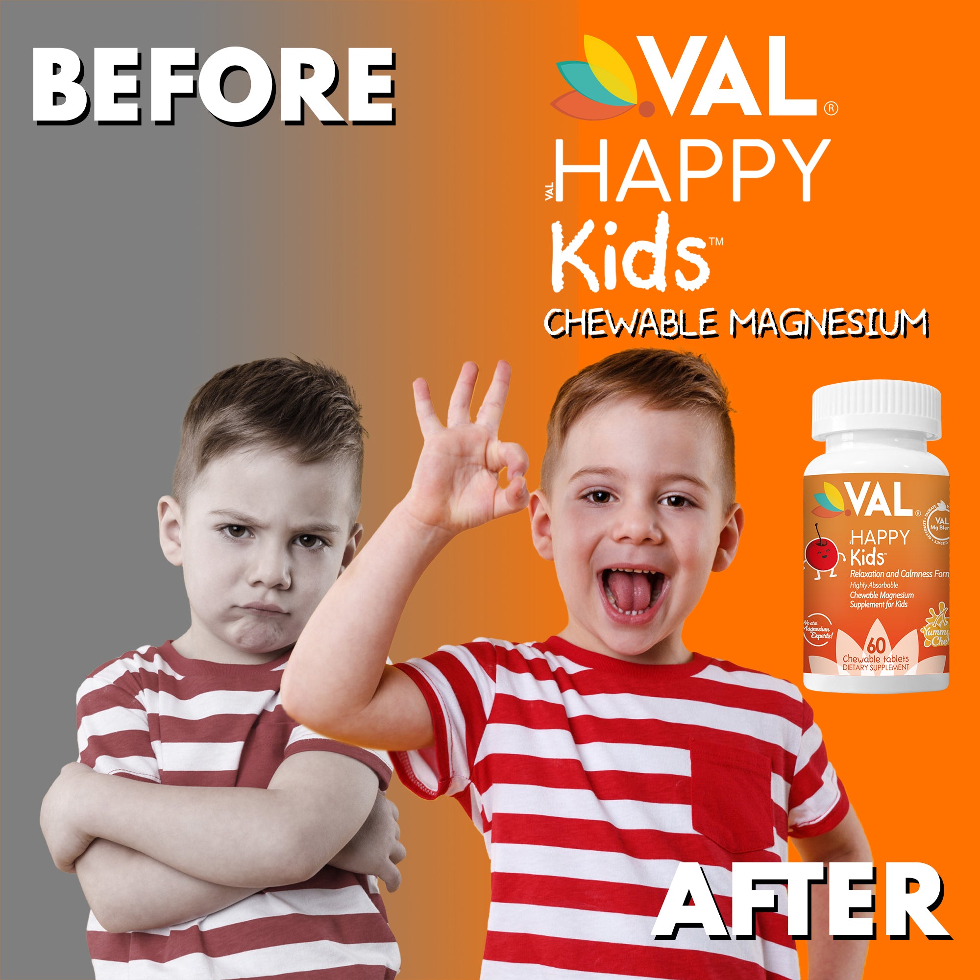 VAL Happy Kids Chewable Magnesium for Kids - Yummy Cherry Flavor Relaxation and Calm Formula - 60 Chewable Tablets