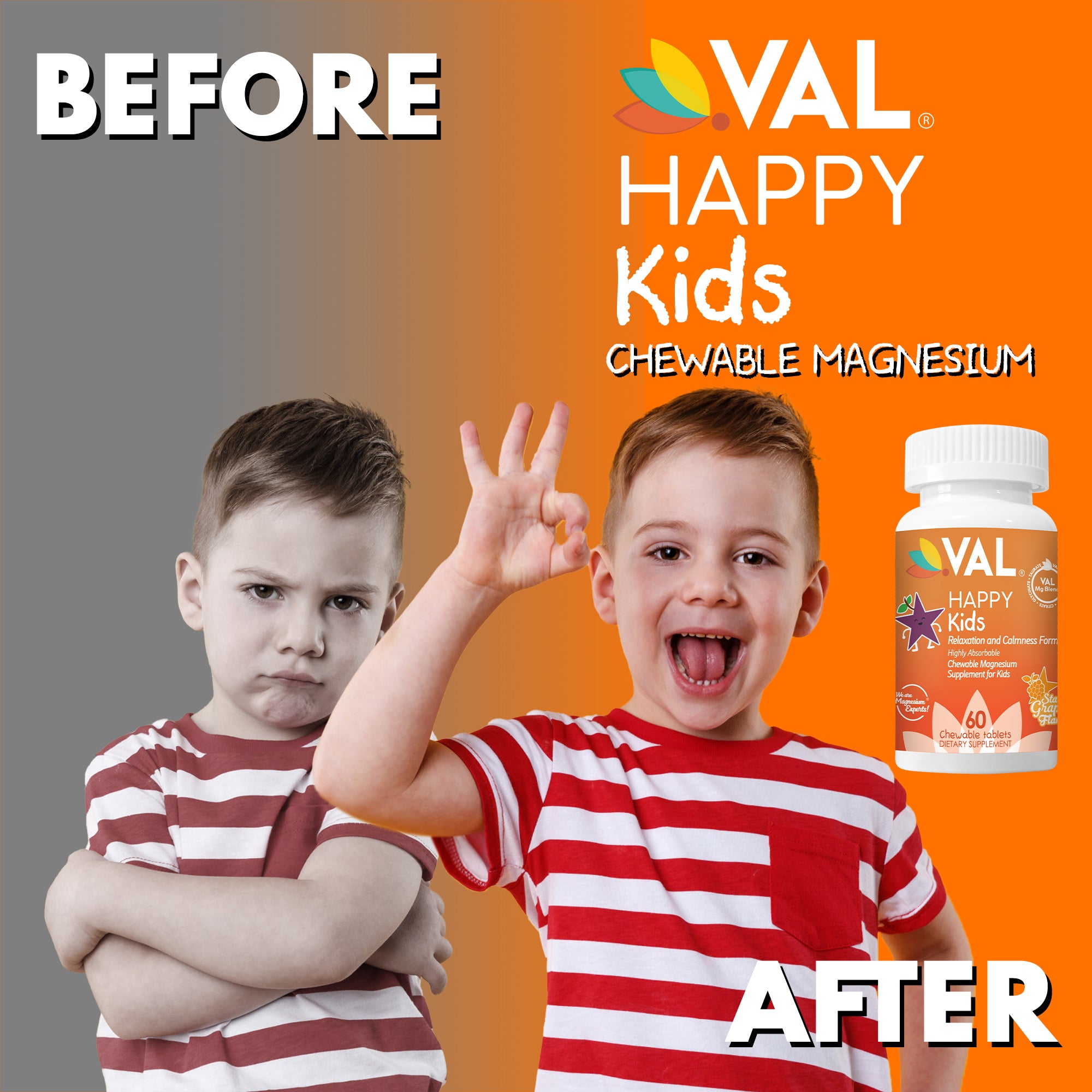 Calm, Focus & Relaxation Sugar-Free Chewable Magnesium for Kids | 60 Tablets | VAL Happy Kids | Star Grape