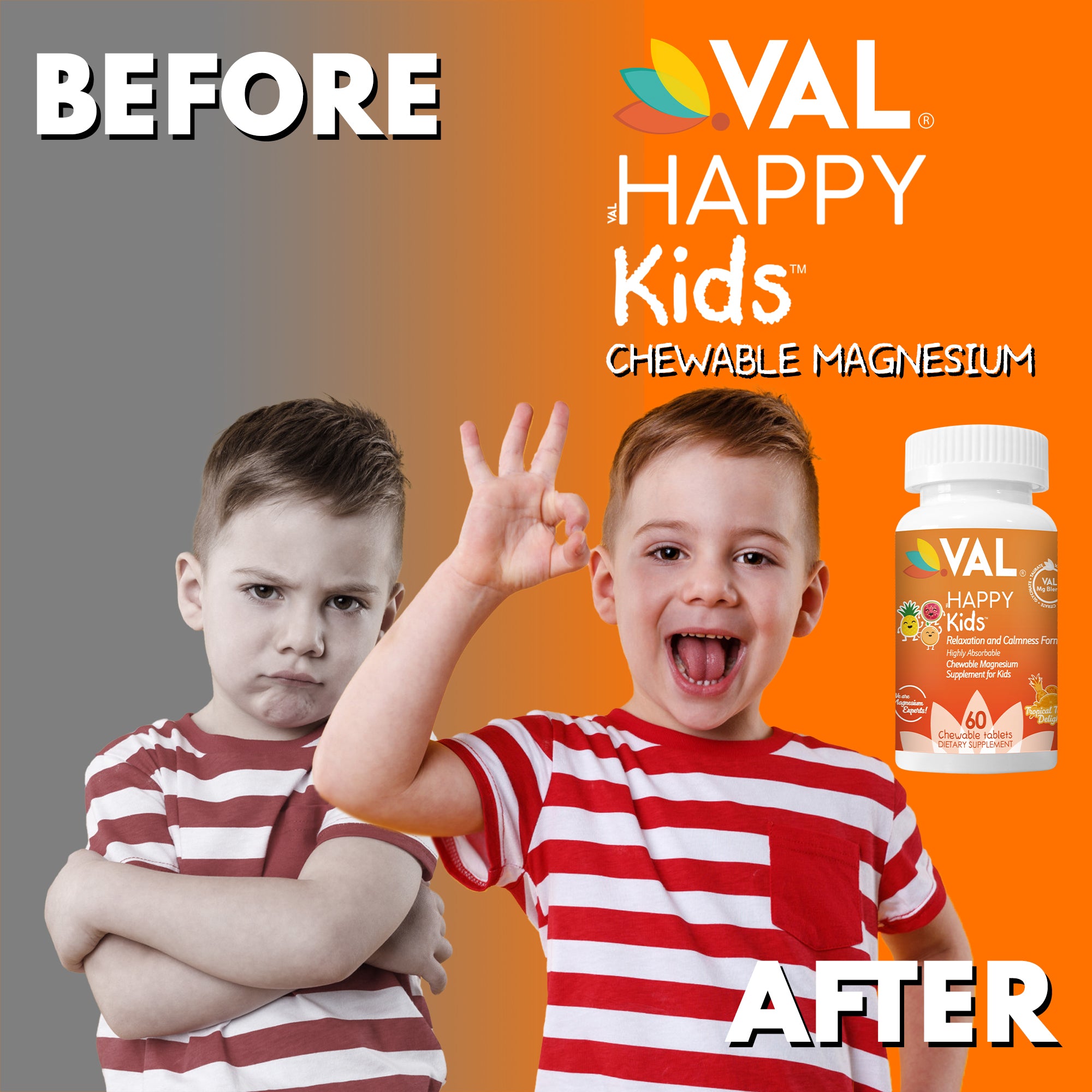 Calm, Focus & Relaxation Sugar-Free Chewable Magnesium for Kids | 60 Tablets | VAL Happy Kids | Tropical Twist