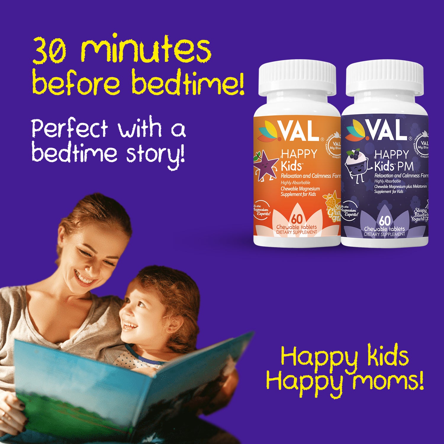 Dual Action | Focus + Sleep Support - Magnesium Day & Night Chewables for Kids | VAL Happy Kids