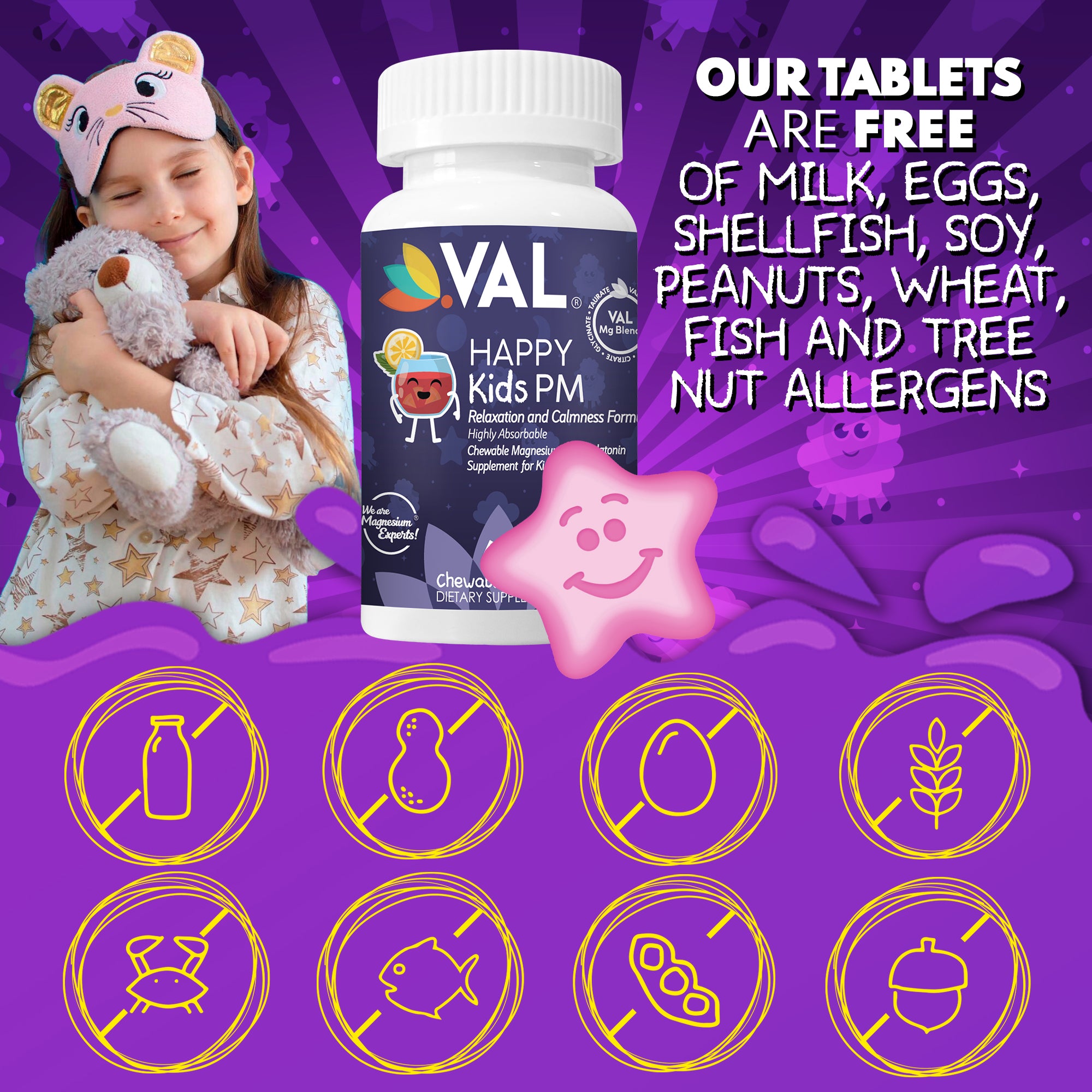 Peaceful Sleep & Bedtime Calm Sugar-Free Chewable – Magnesium + Melatonin, Vitamin B6 & C | 60 Tablets | VAL Happy Kids | Fruit Punch