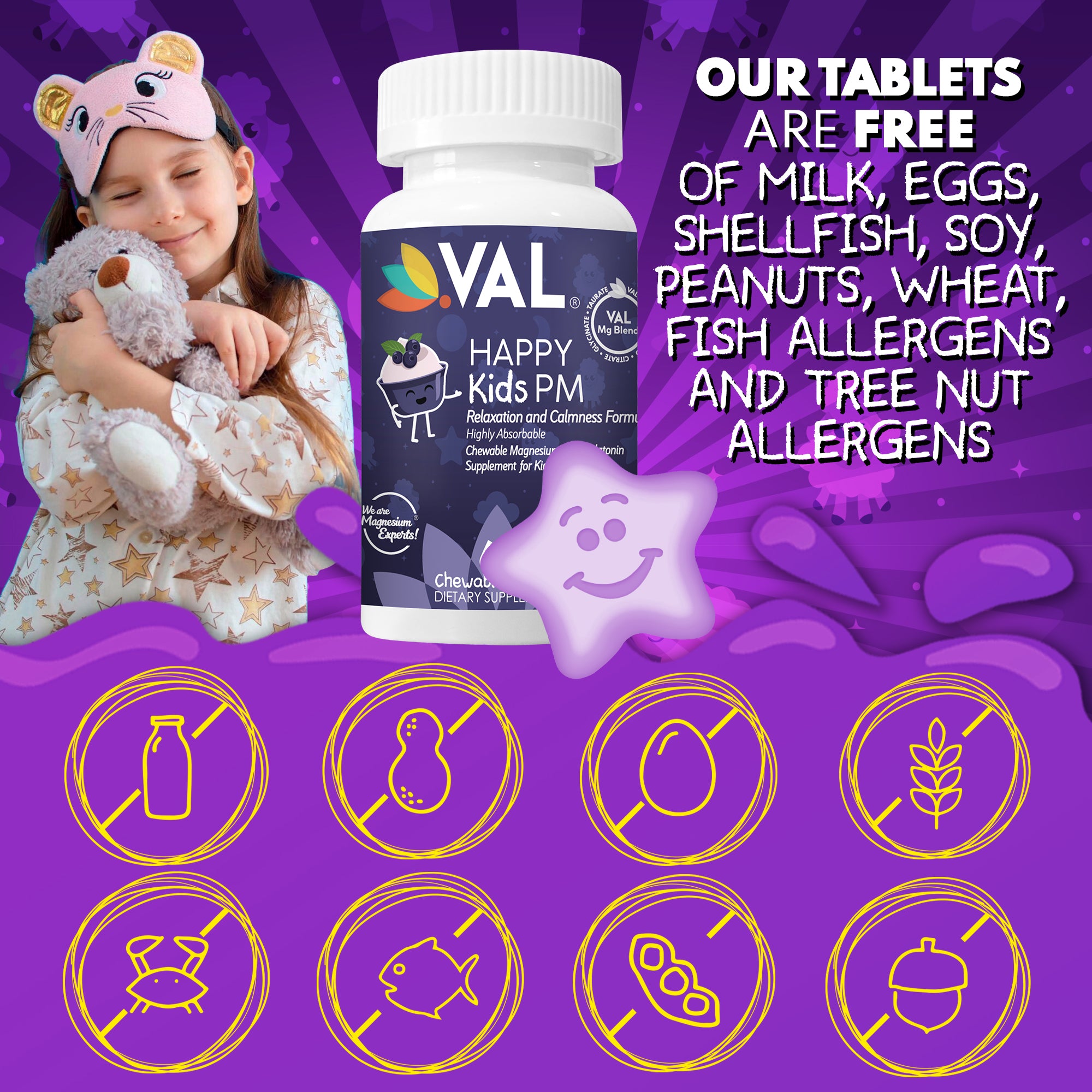 Peaceful Sleep & Bedtime Calm Sugar-Free Chewable – Magnesium + Melatonin, Vitamin B6 & C | 60 Tablets | VAL Happy Kids | Blueberry Yogurt.