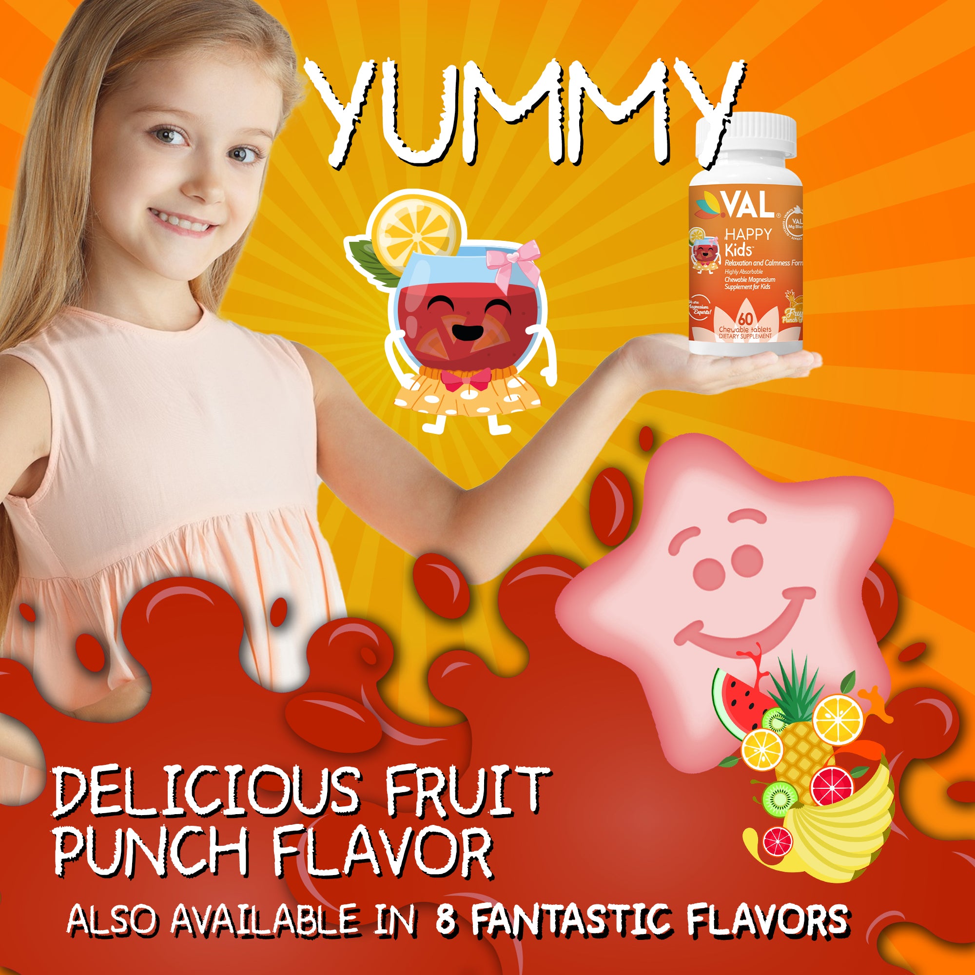 VAL Happy Kids Chewable Magnesium for Kids - Fruit Punch Flavor Relaxation and Calm Formula - 60 Chewable Tablets