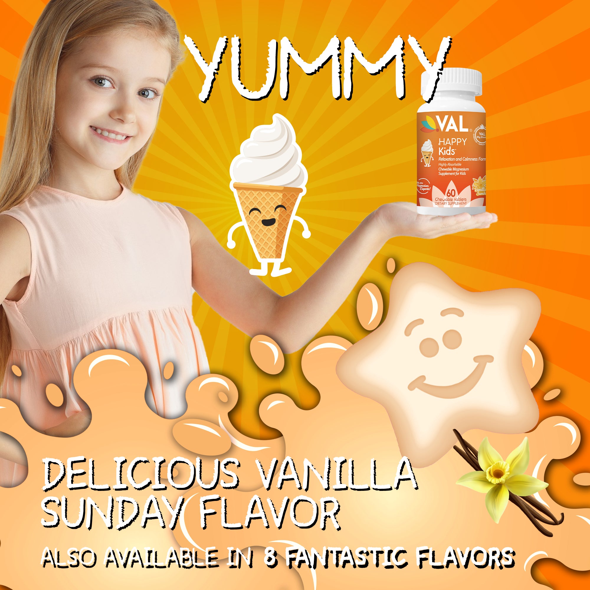VAL Happy Kids Chewable Magnesium for Kids - Vanilla Sundae Flavor Relaxation and Calm Formula - 60 Chewable Tablets