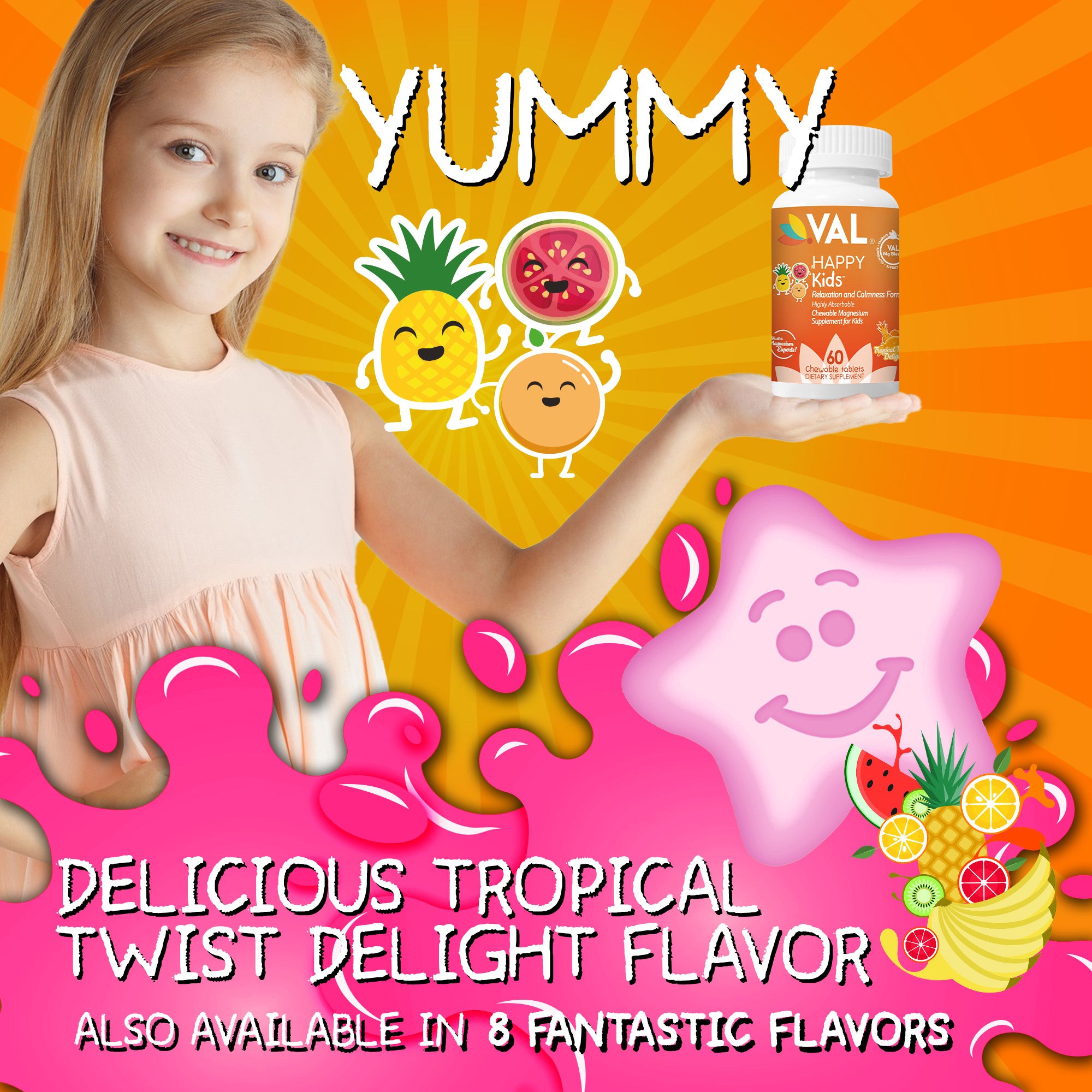 VAL Happy Kids Chewable Magnesium for Kids - Tropical Twist Delight Flavor Relaxation and Calm Formula - 60 Chewable Tablets