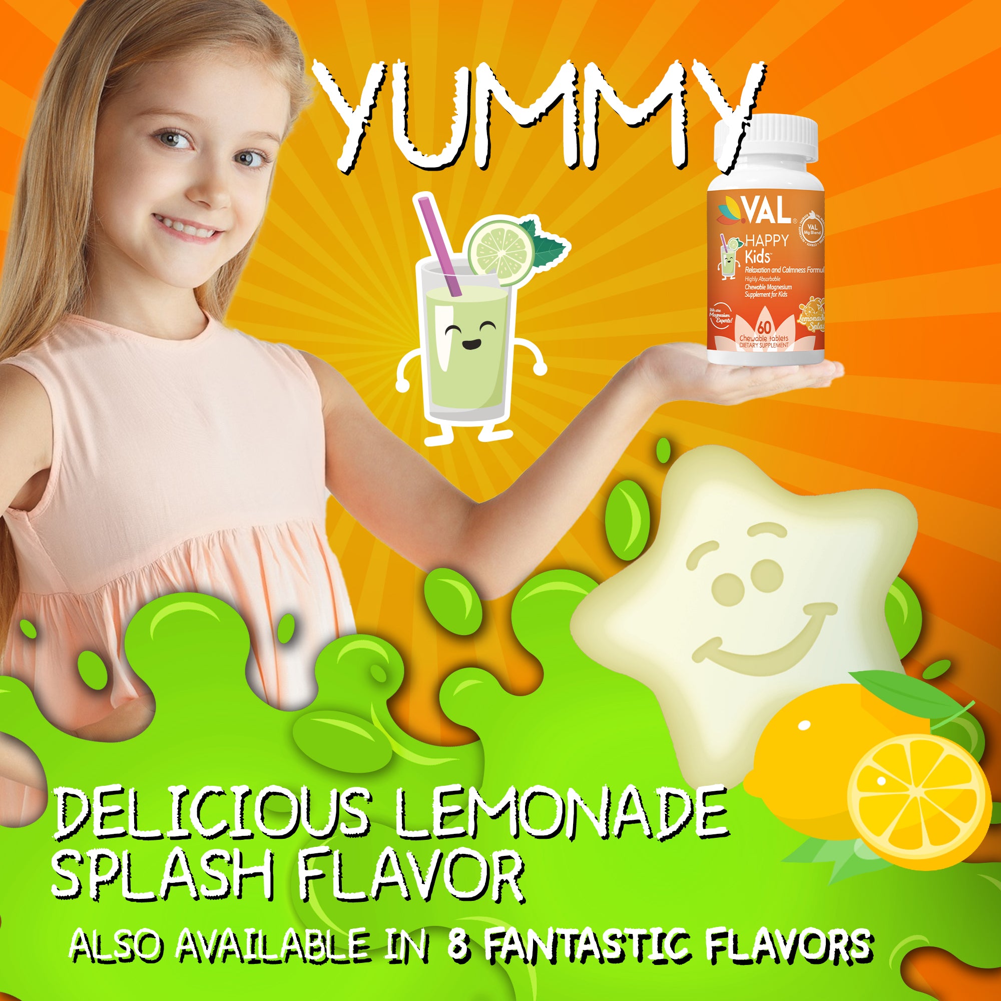 Calm, Focus & Relaxation Sugar-Free Chewable Magnesium for Kids | 60 Tablets | VAL Happy Kids | Lemonade