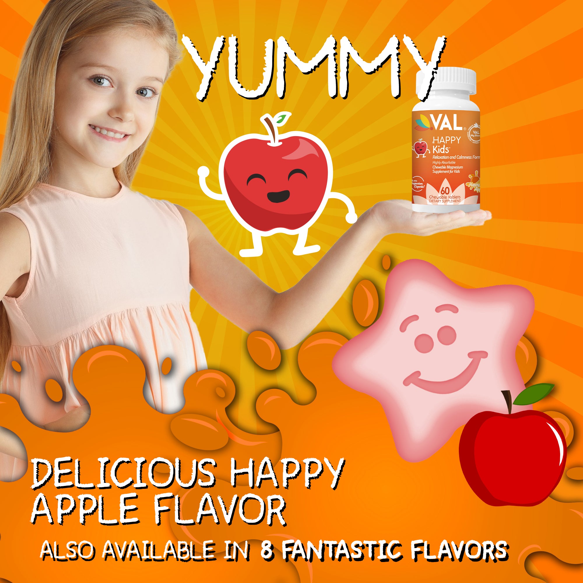 VAL Happy Kids Chewable Magnesium for Kids - Happy Apple Flavor Relaxation and Calm Formula - 60 Chewable Tablets