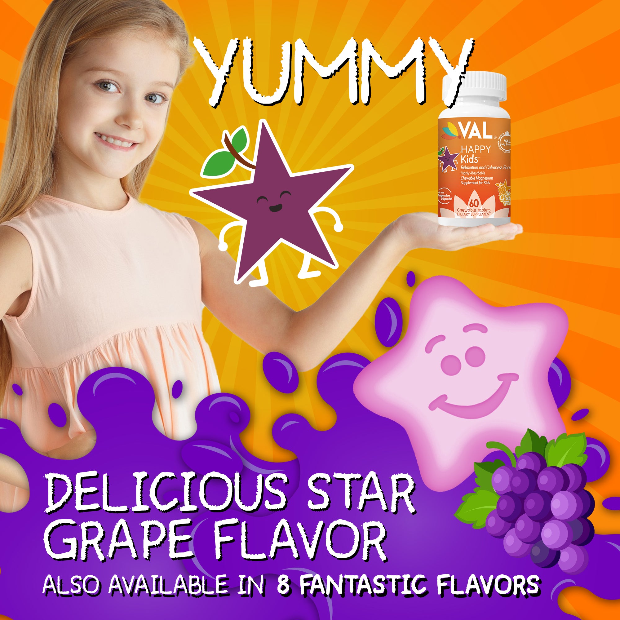 Calm, Focus & Relaxation Sugar-Free Chewable Magnesium for Kids | 60 Tablets | VAL Happy Kids