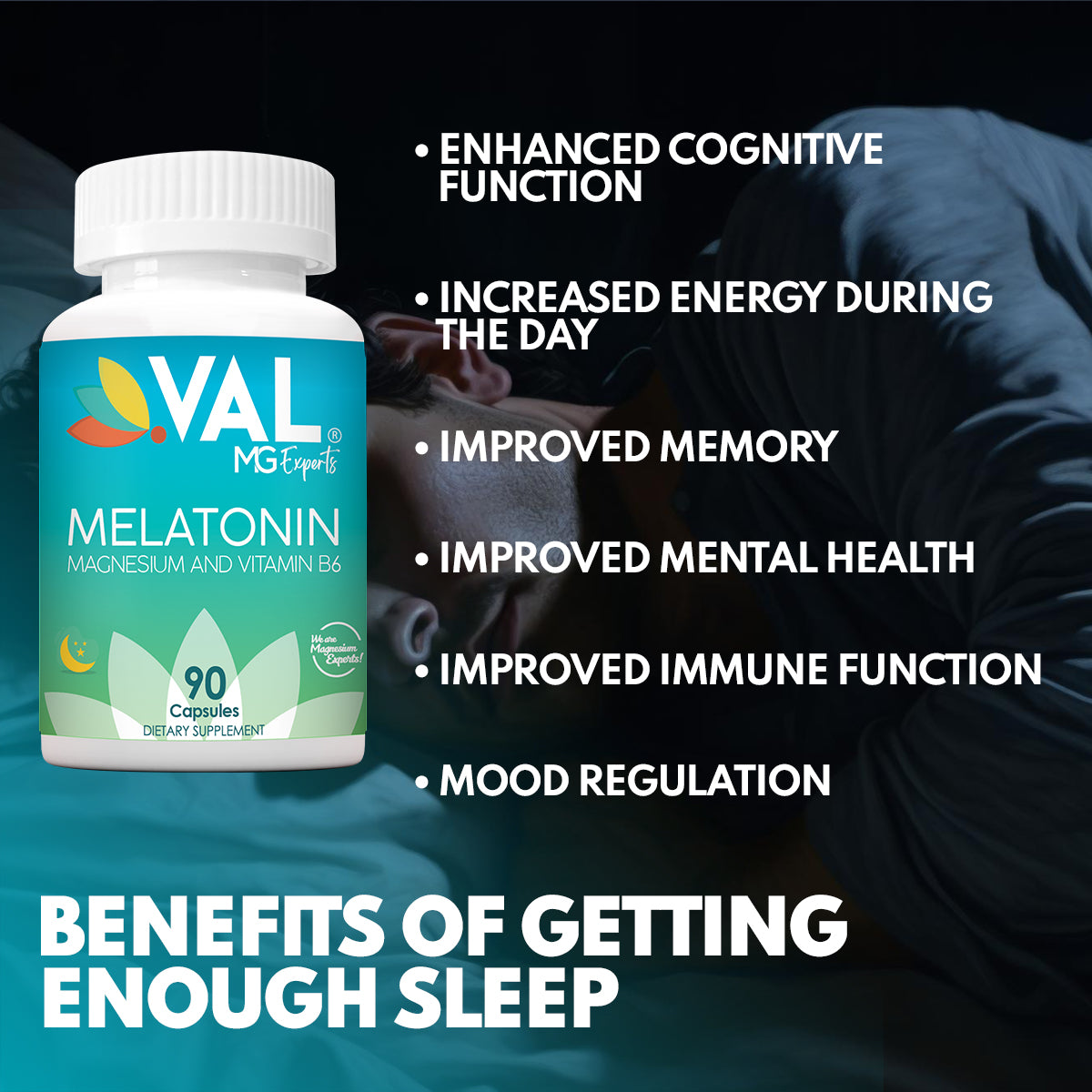 Melatonin + Magnesium – Nighttime Support, Relaxation & Antioxidant Blend | 90 Capsules | VAL MG