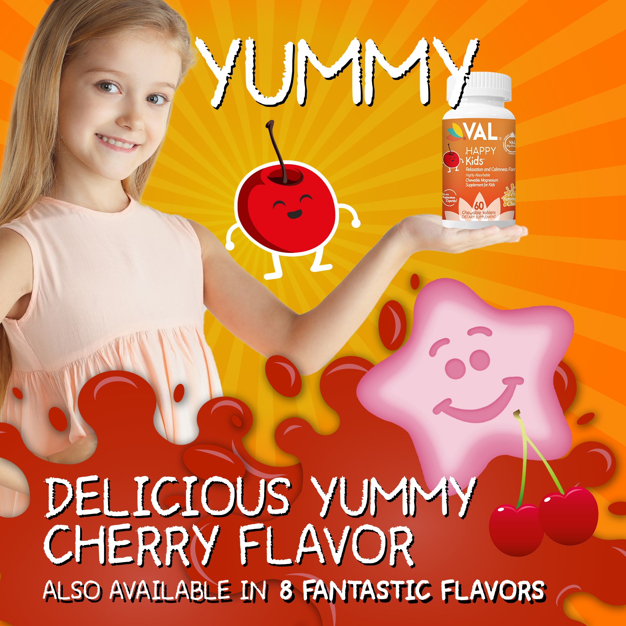 VAL Happy Kids Chewable Magnesium for Kids - Yummy Cherry Flavor Relaxation and Calm Formula - 60 Chewable Tablets