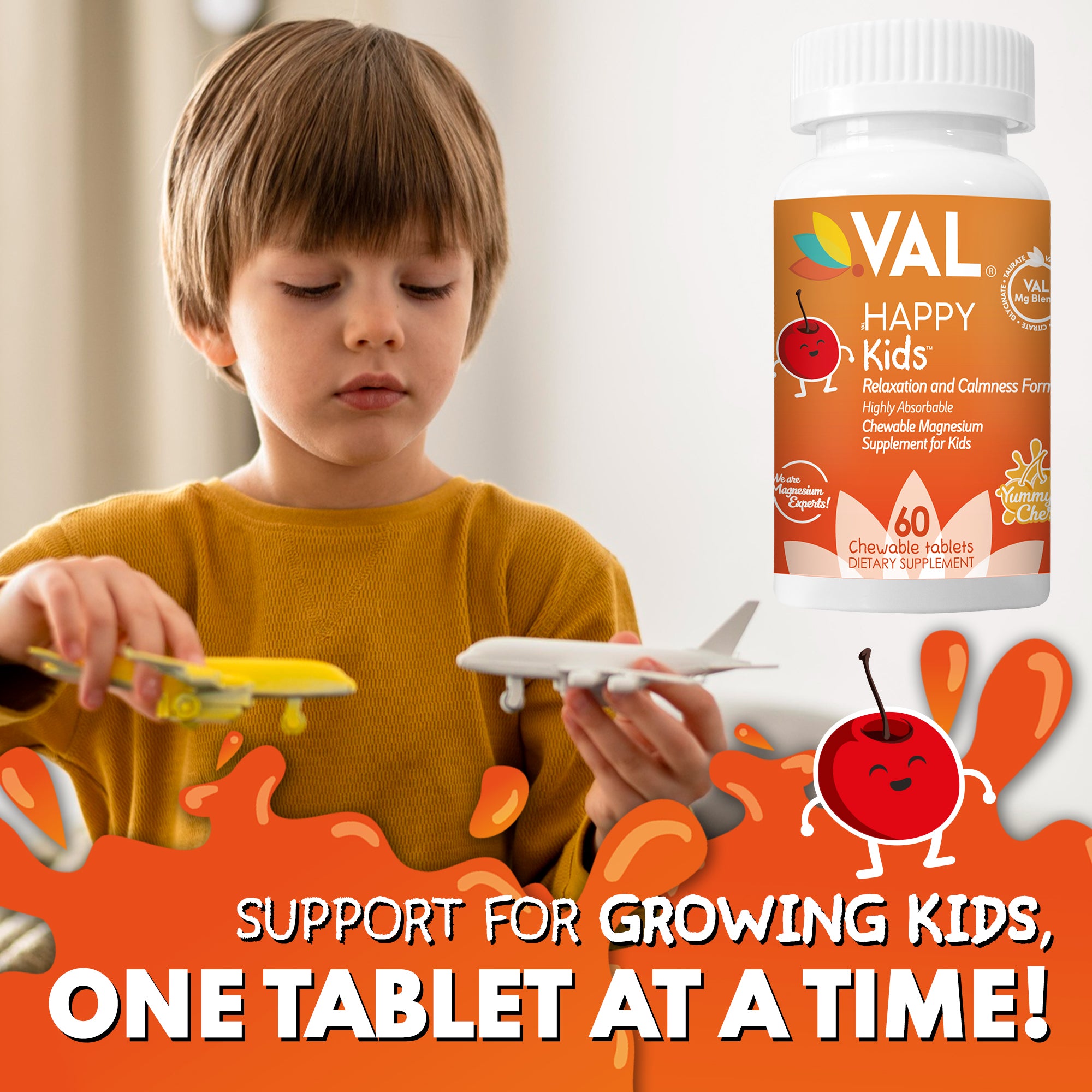 VAL Happy Kids Chewable Magnesium for Kids - Yummy Cherry Flavor Relaxation and Calm Formula - 60 Chewable Tablets
