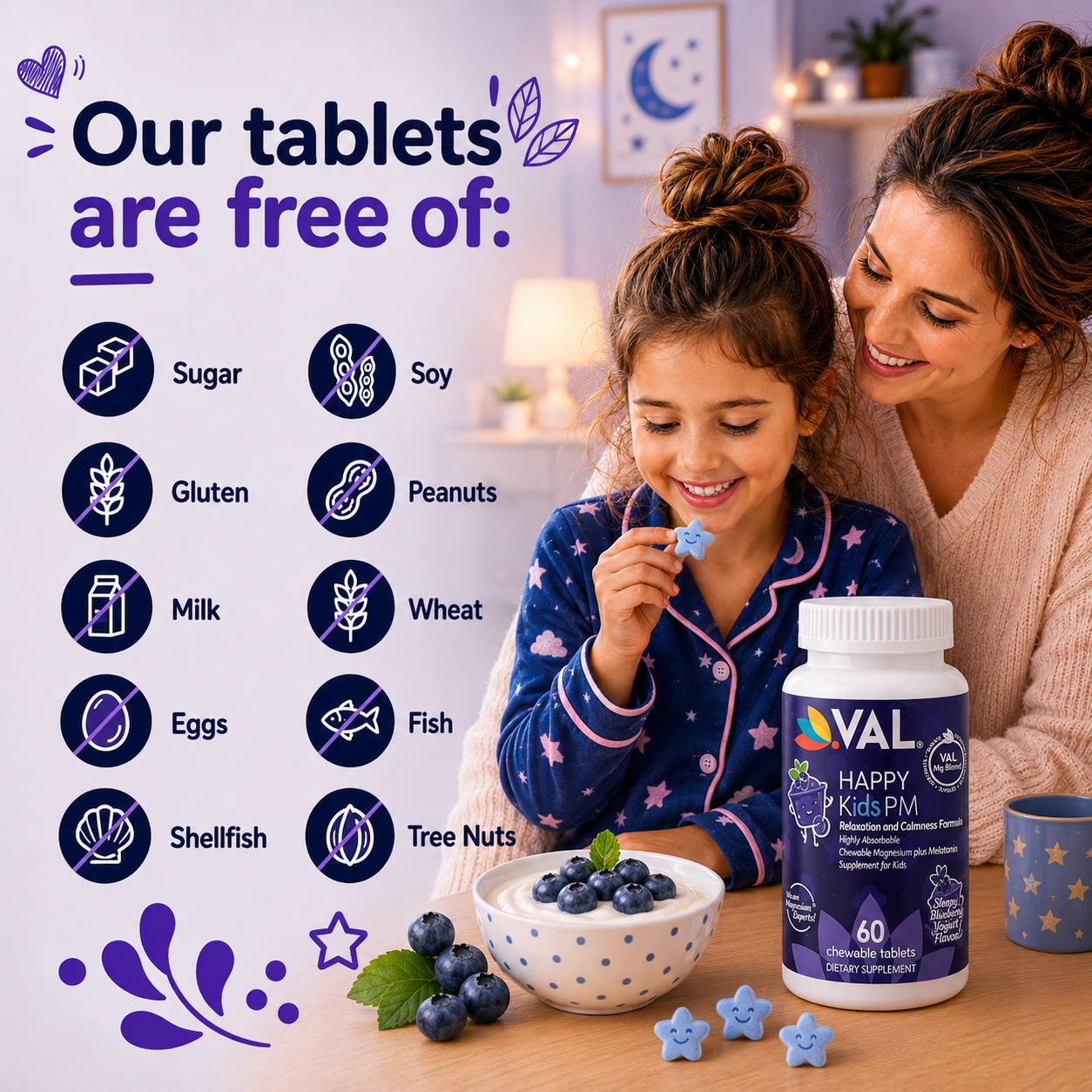 Peaceful Sleep & Bedtime Calm Sugar-Free Chewable – Magnesium + Melatonin, Vitamin B6 & C | 60 Tablets | VAL Happy Kids | Blueberry Yogurt