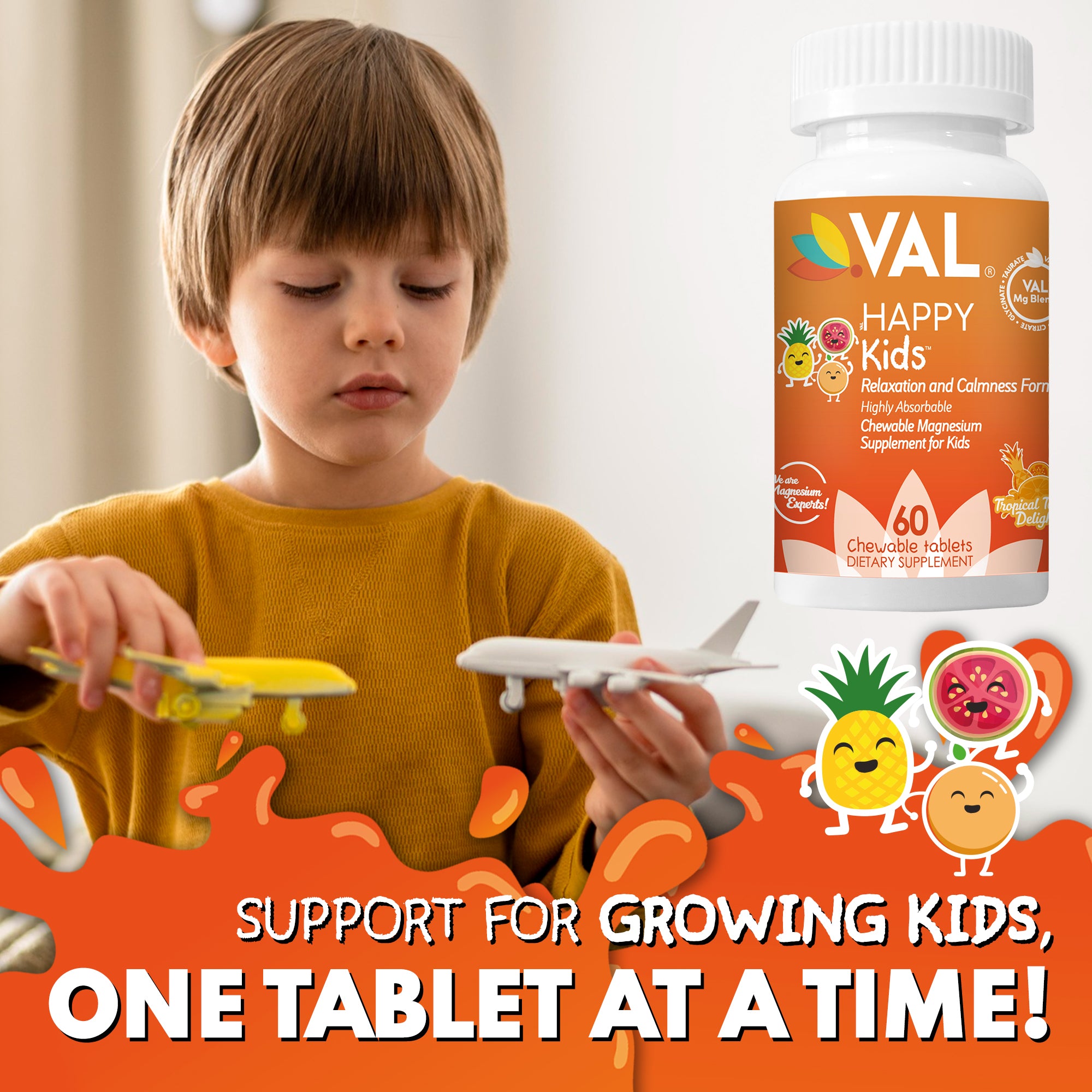 VAL Happy Kids Chewable Magnesium for Kids - Tropical Twist Delight Flavor Relaxation and Calm Formula - 60 Chewable Tablets