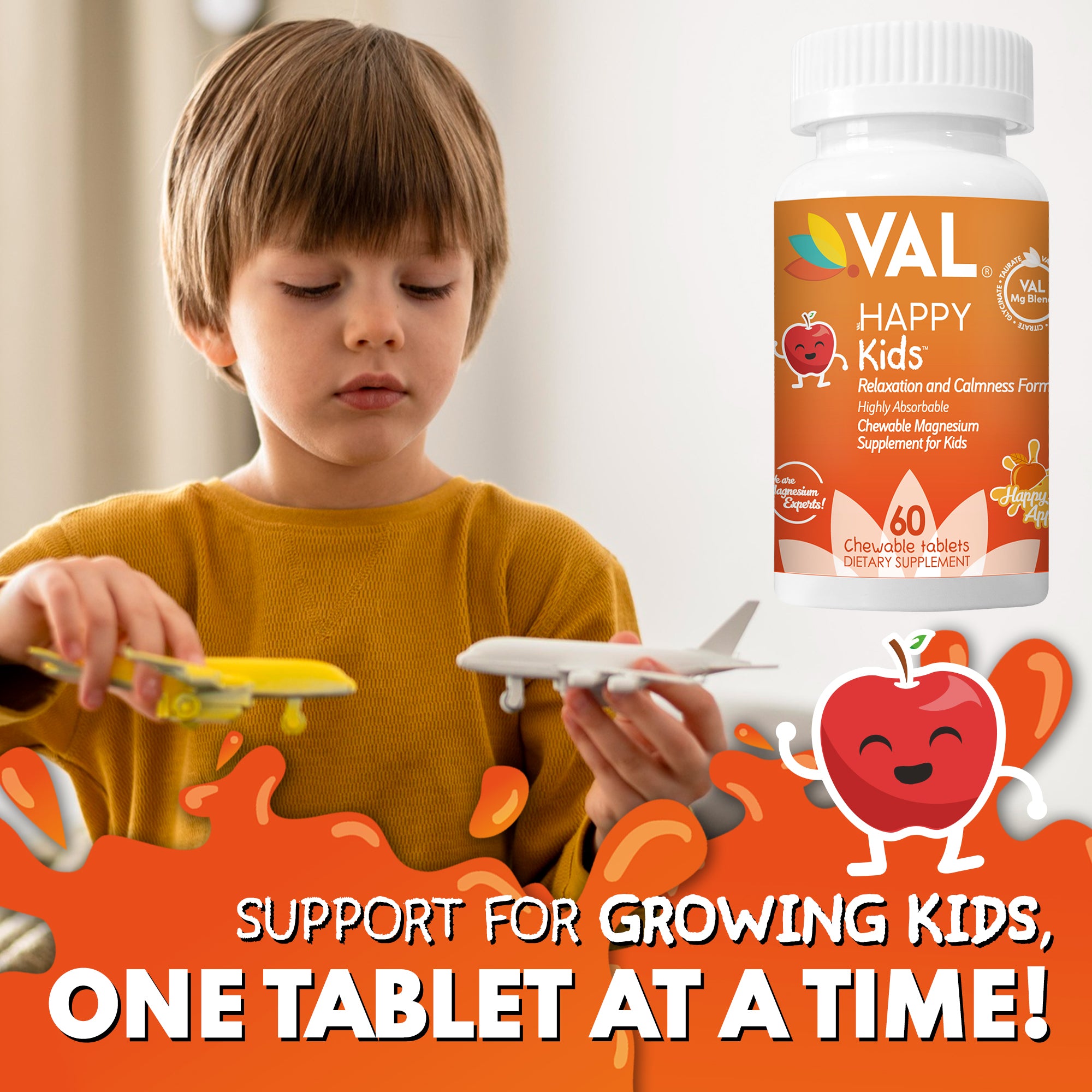 VAL Happy Kids Chewable Magnesium for Kids - Happy Apple Flavor Relaxation and Calm Formula - 60 Chewable Tablets