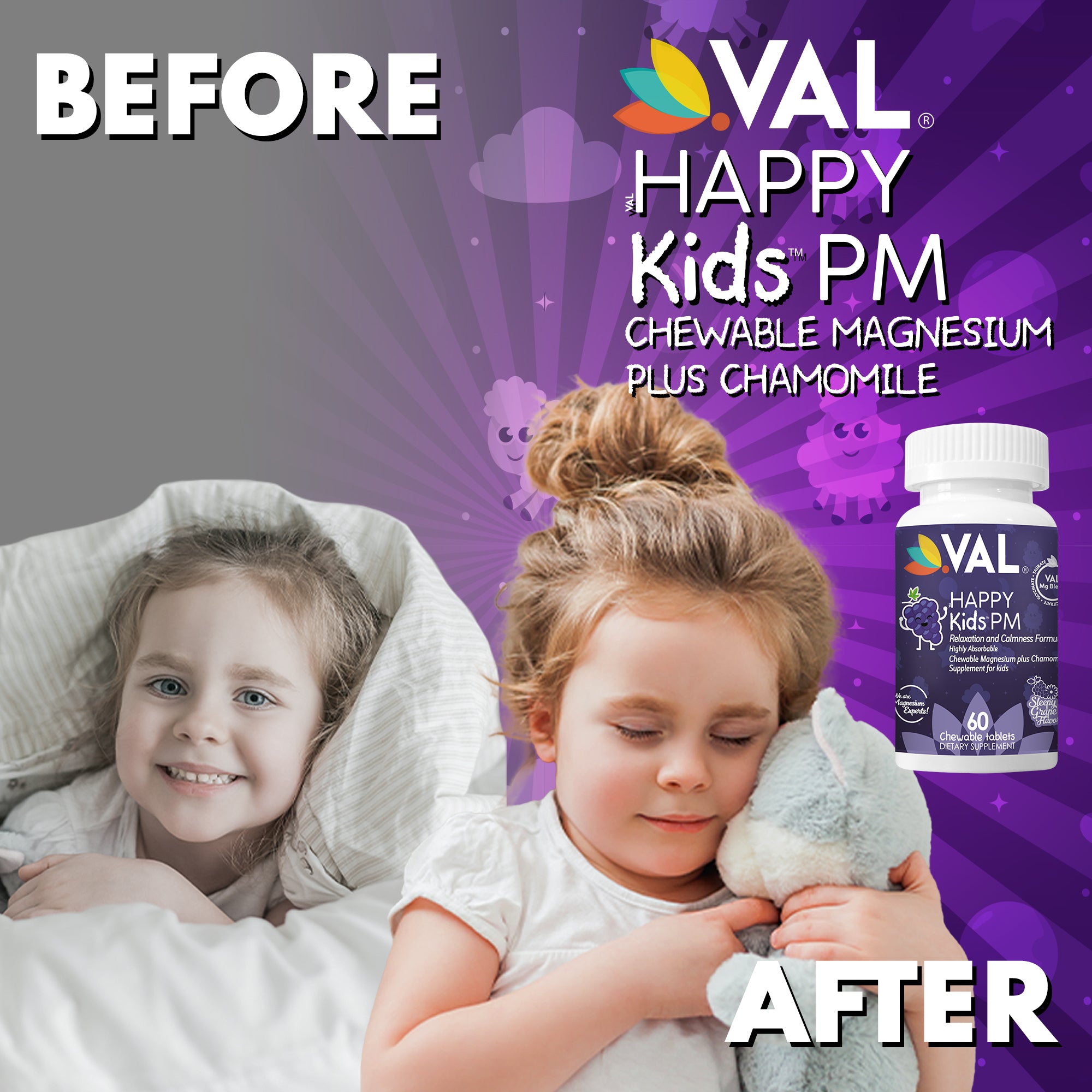 Peaceful Sleep & Bedtime Calm Sugar-Free Chewable – Magnesium + Chamomile | 60 Tablets | VAL Happy Kids