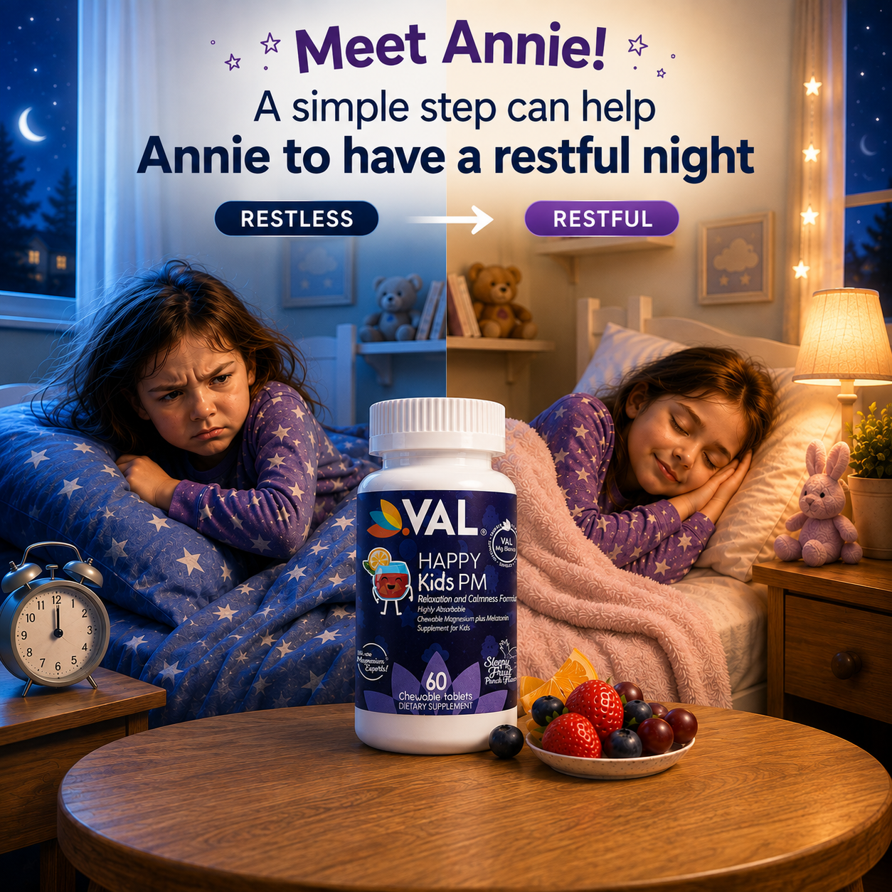 Peaceful Sleep & Bedtime Calm Sugar-Free Chewable – Magnesium + Melatonin, Vitamin B6 & C | 60 Tablets | VAL Happy Kids | Fruit Punch