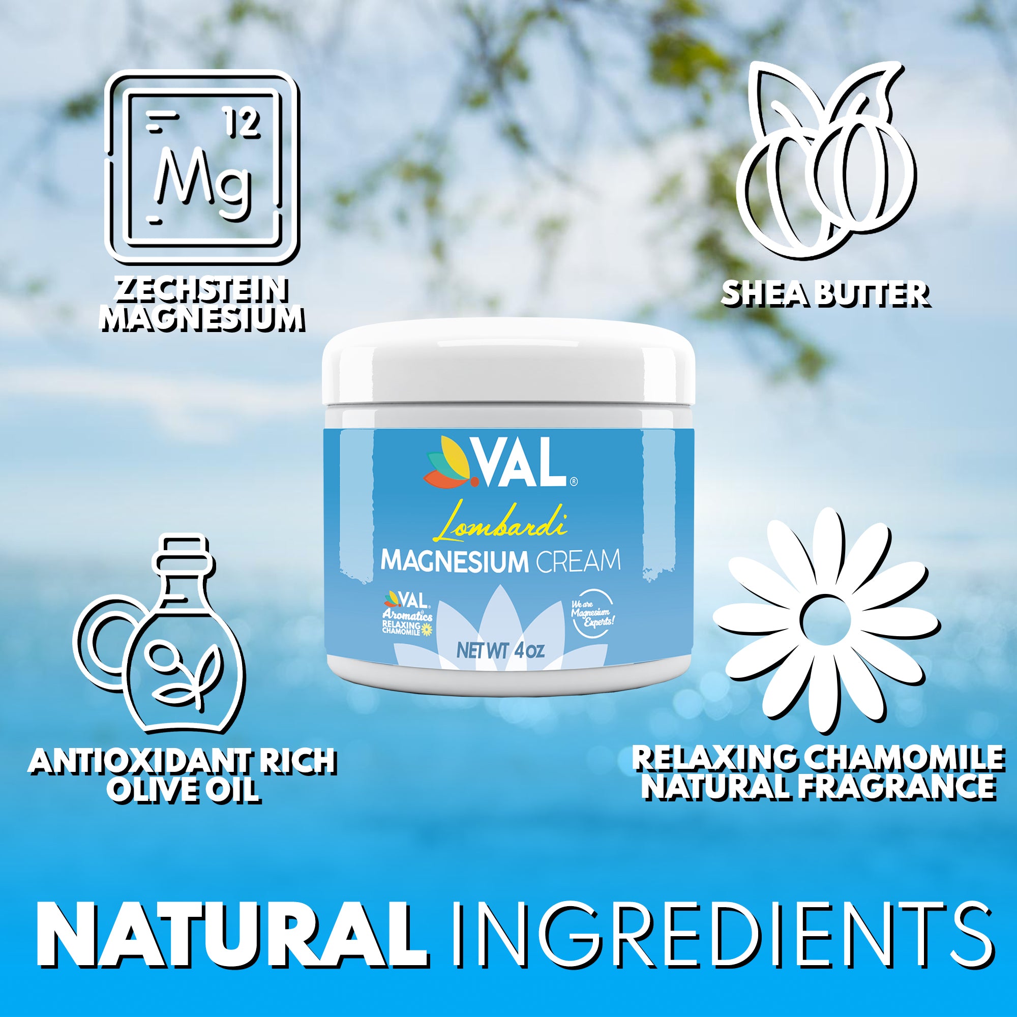 Transdermal Magnesium Cream with Relaxing Chamomile – Natural Pain Relief with Moisturizing Organic Shea Butter | 4oz | VAL Lombardi