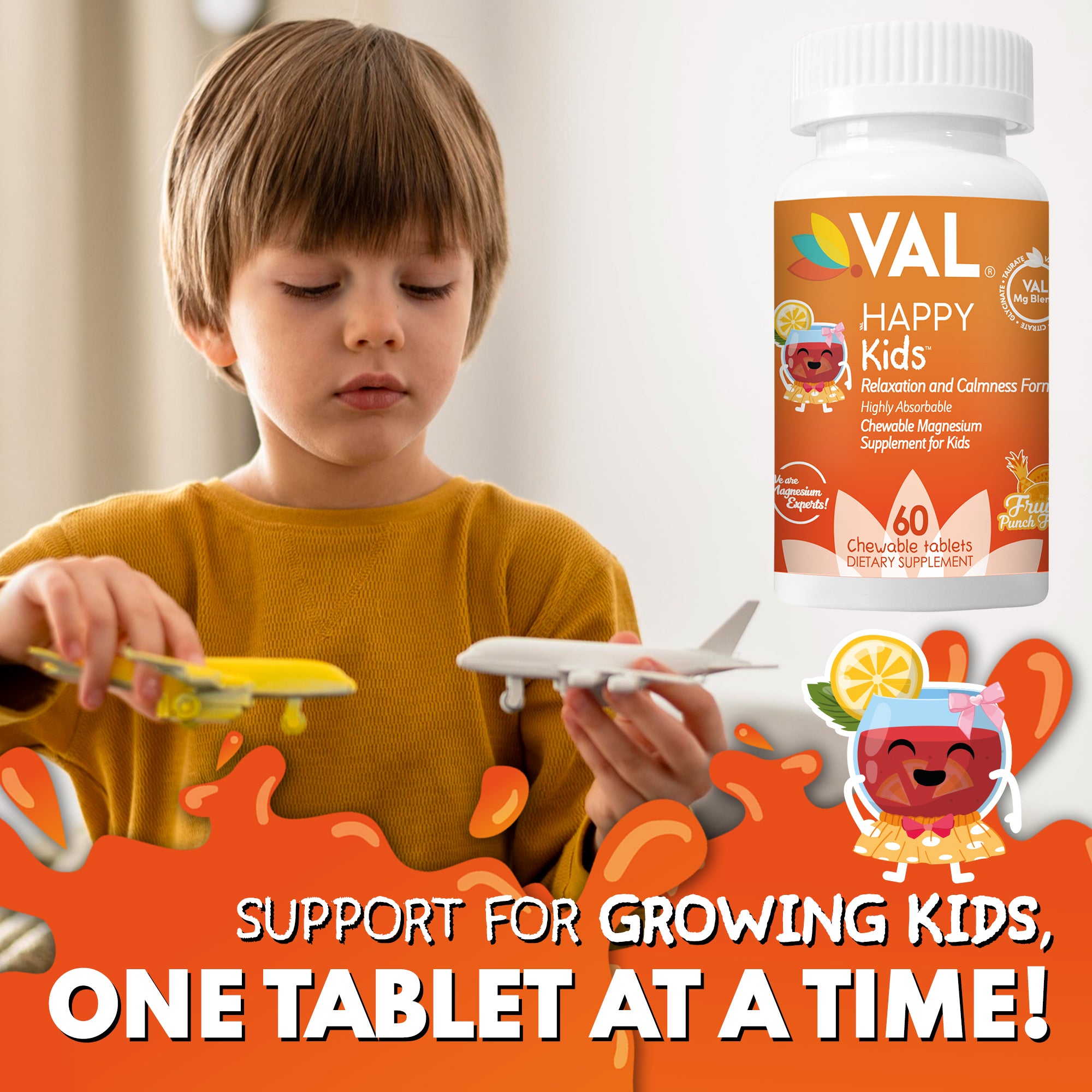 VAL Happy Kids Chewable Magnesium for Kids - Fruit Punch Flavor Relaxation and Calm Formula - 60 Chewable Tablets