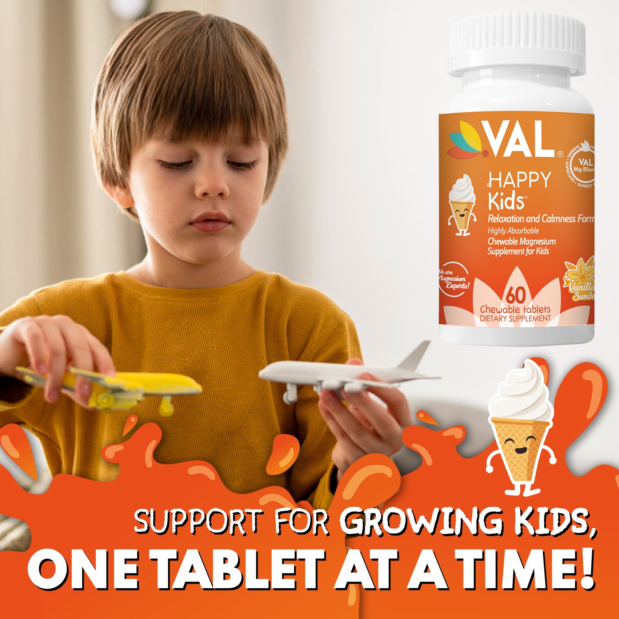VAL Happy Kids Chewable Magnesium for Kids - Vanilla Sundae Flavor Relaxation and Calm Formula - 60 Chewable Tablets