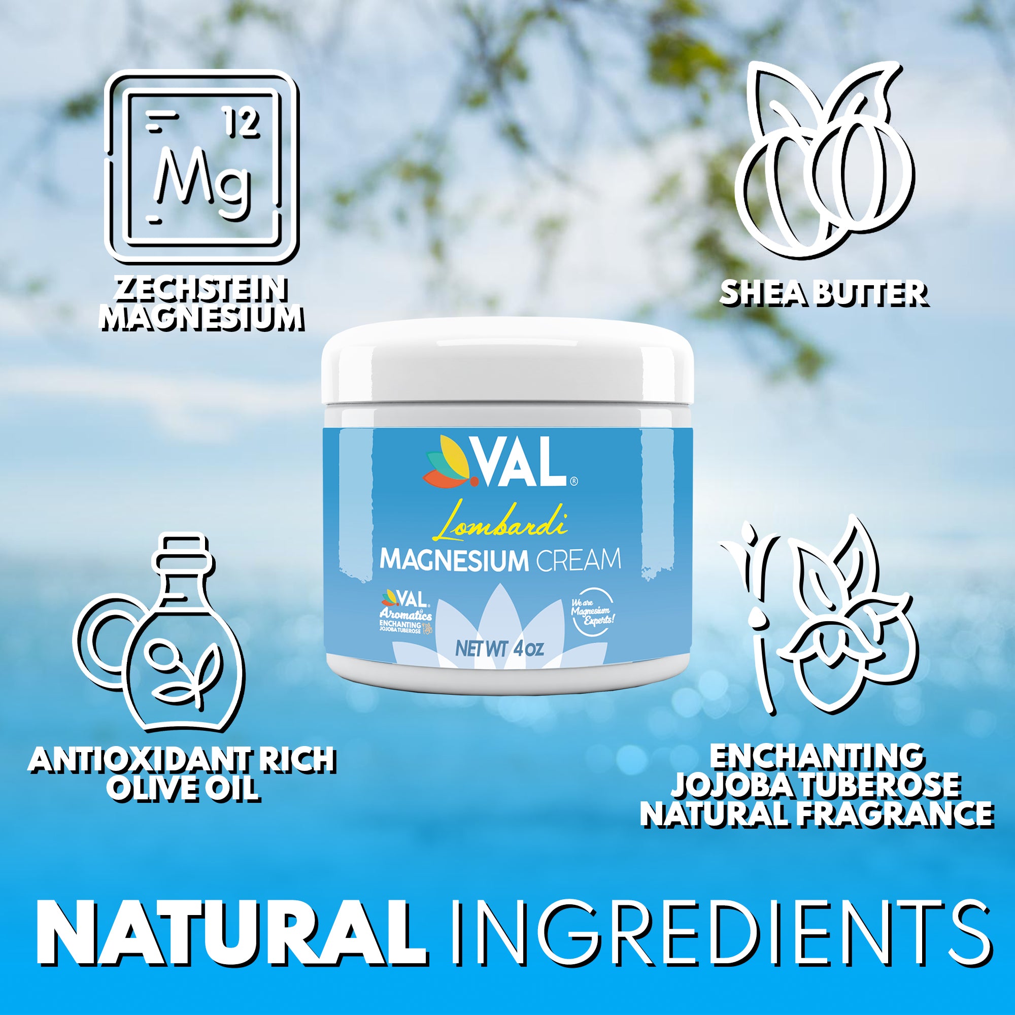 VAL Lombardi Transdermal Magnesium Cream Enchanting Jojoba Tuberose - Natural Pain Relief with Moisturizing Organic Shea Butter - 4oz