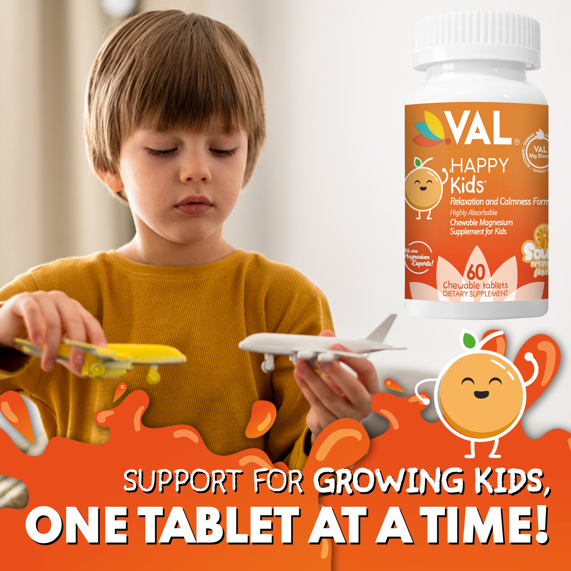 Calm, Focus & Relaxation Sugar-Free Chewable Magnesium for Kids | 60 Tablets | VAL Happy | Sour Orange