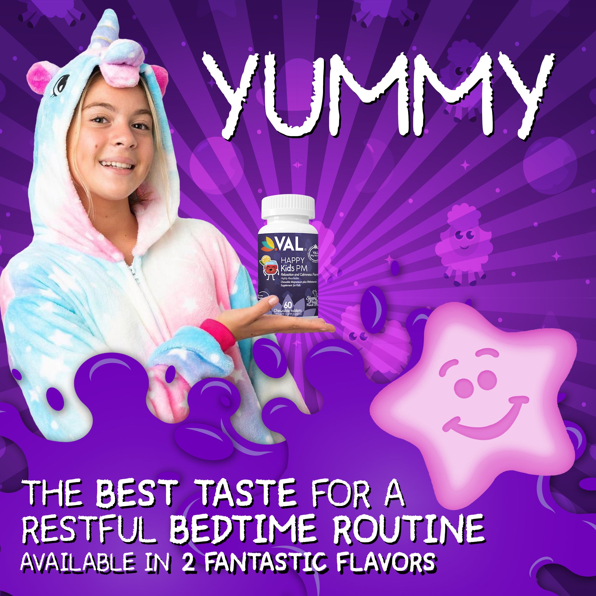 Peaceful Sleep & Bedtime Calm Sugar-Free Chewable – Magnesium + Melatonin, Vitamin B6 & C | 60 Tablets | VAL Happy Kids | Fruit Punch