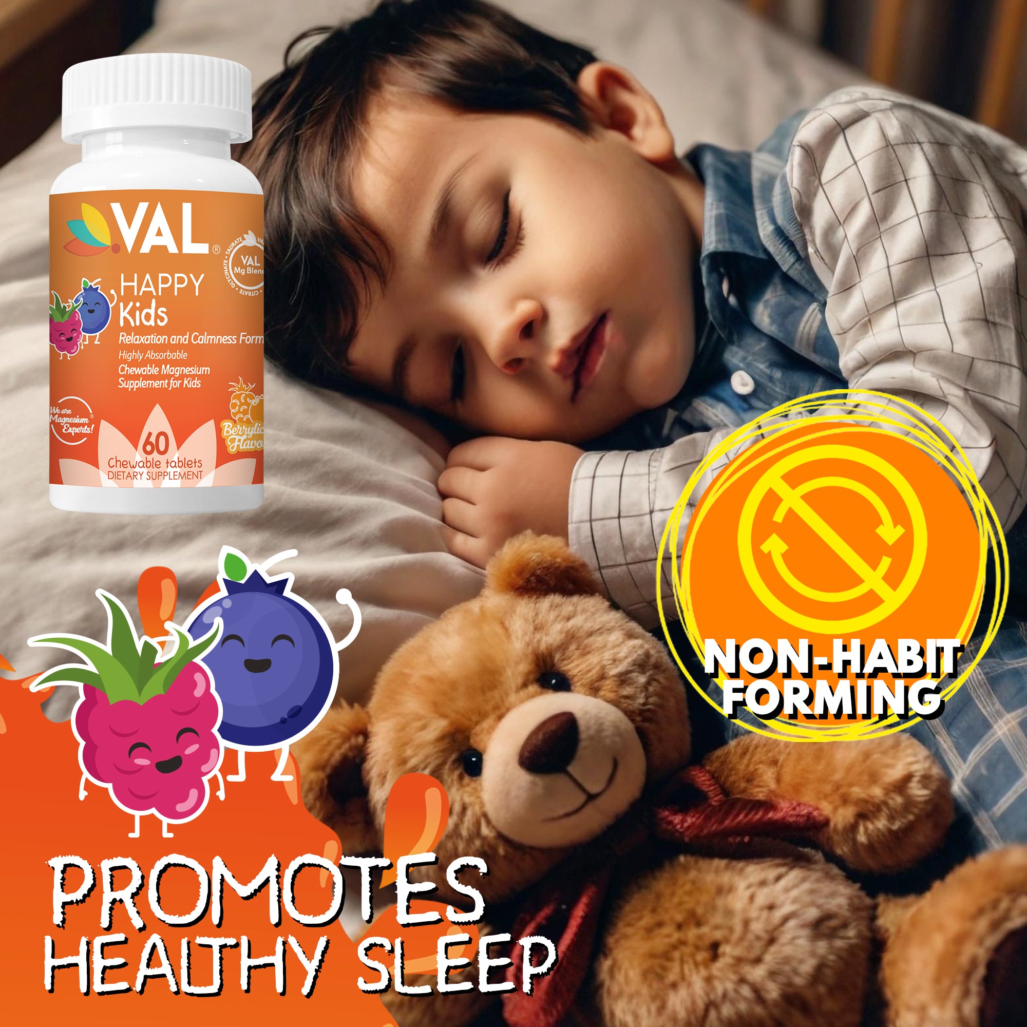 Calm, Focus & Relaxation Sugar-Free Chewable Magnesium for Kids | 60 Tablets | VAL Happy Kids | Berrylicious