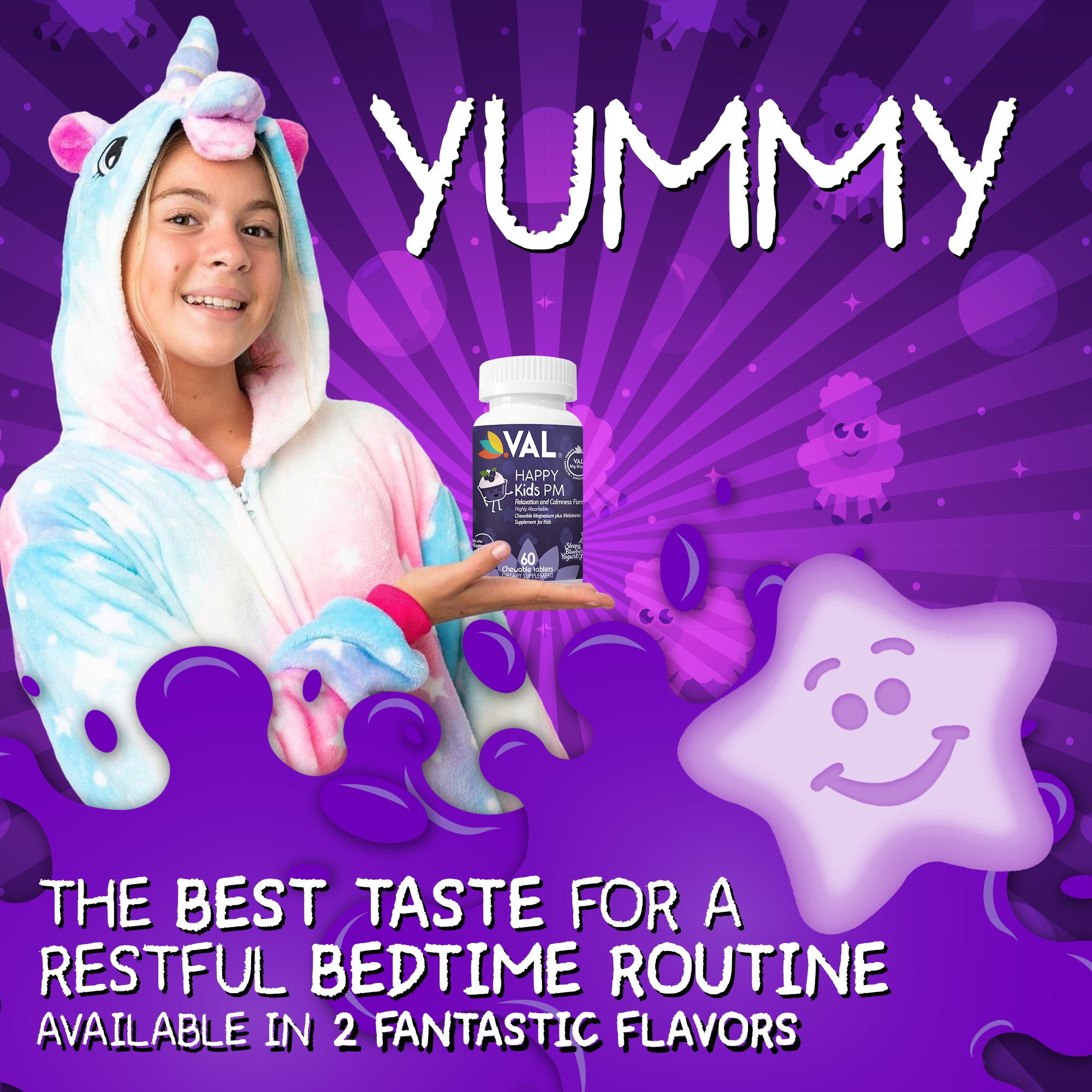 Peaceful Sleep & Bedtime Calm Sugar-Free Chewable – Magnesium + Melatonin, Vitamin B6 & C | 60 Tablets | VAL Happy Kids | Blueberry Yogurt