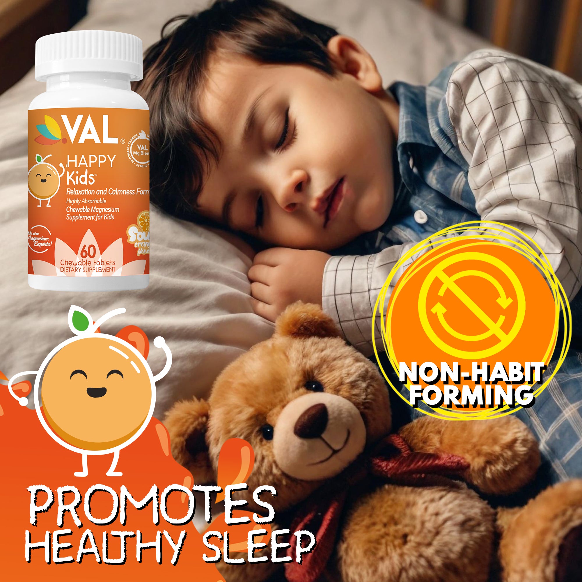 Calm, Focus & Relaxation Sugar-Free Chewable Magnesium for Kids | 60 Tablets | VAL Happy | Sour Orange