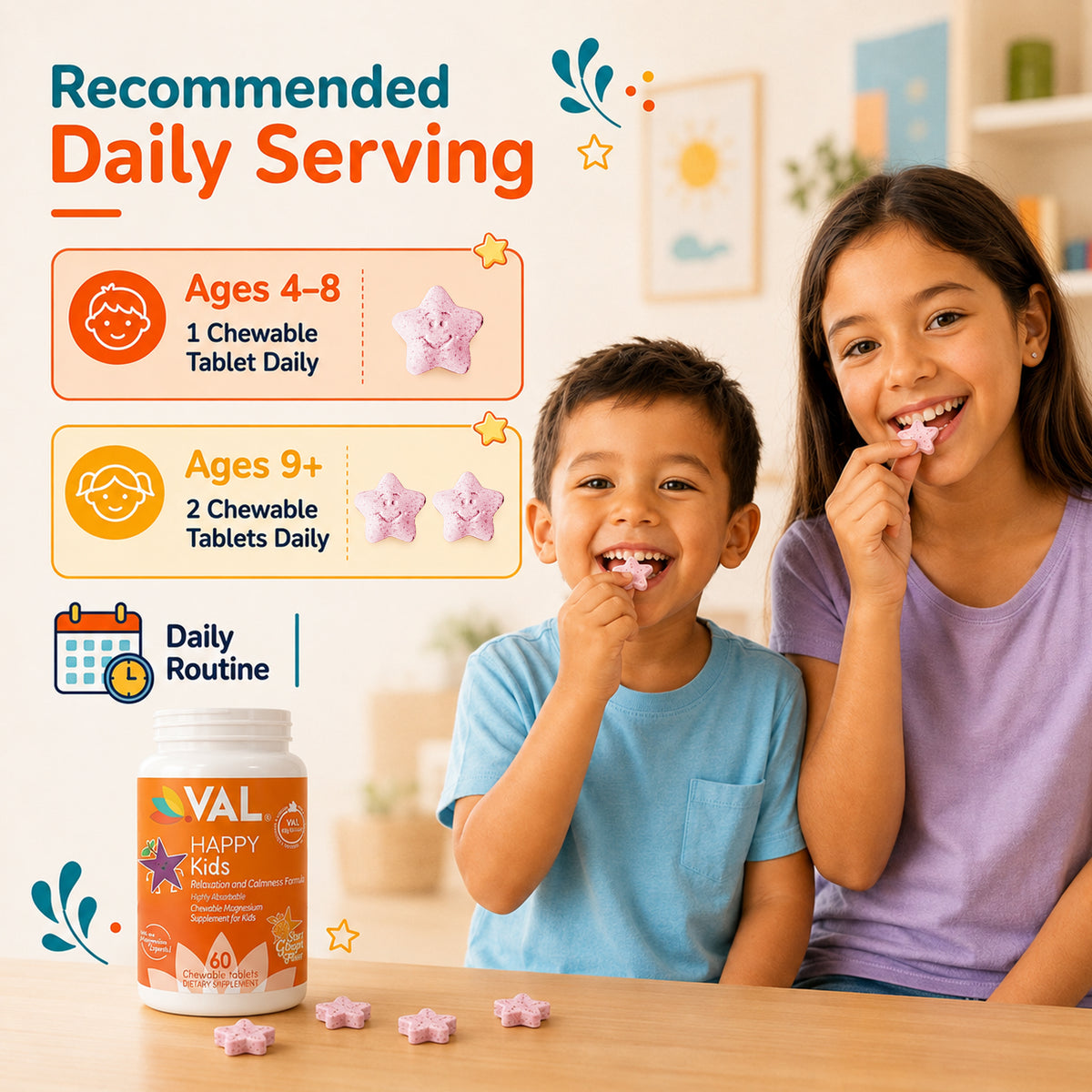 Calm, Focus & Relaxation Sugar-Free Chewable Magnesium for Kids | 60 Tablets | VAL Happy Kids | Star Grape