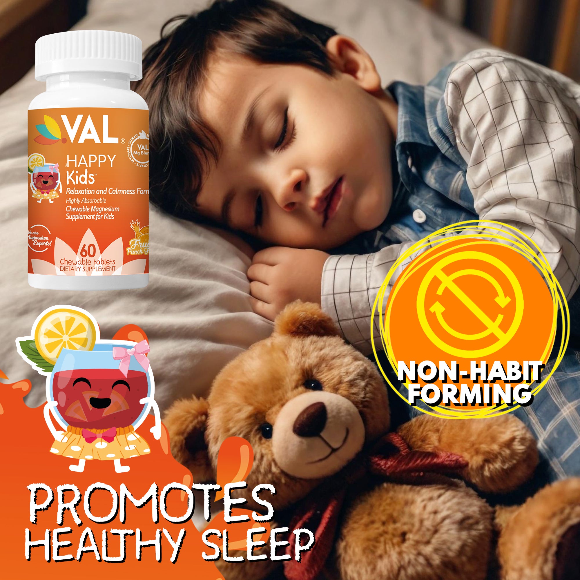 VAL Happy Kids Chewable Magnesium for Kids - Fruit Punch Flavor Relaxation and Calm Formula - 60 Chewable Tablets