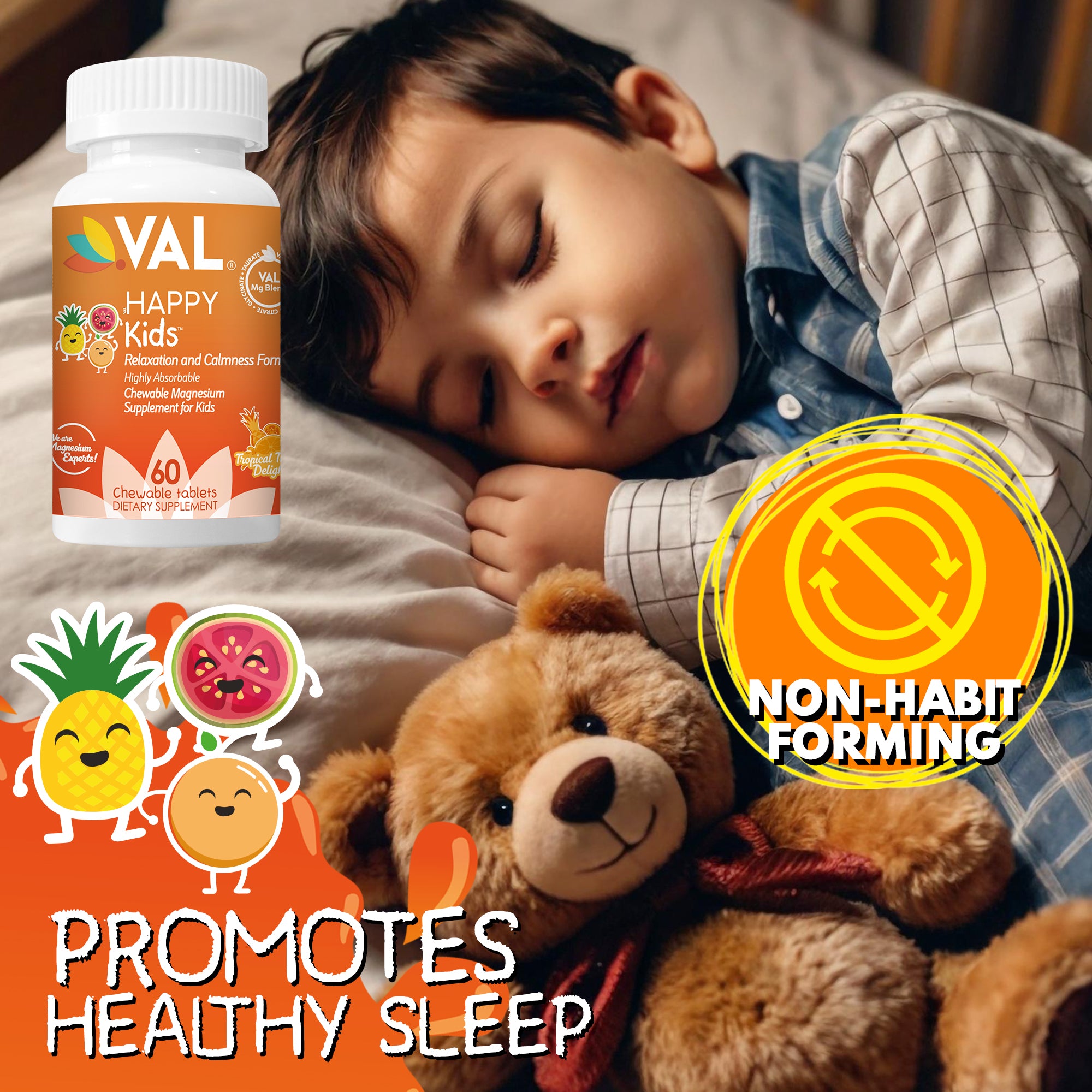 VAL Happy Kids Chewable Magnesium for Kids - Tropical Twist Delight Flavor Relaxation and Calm Formula - 60 Chewable Tablets