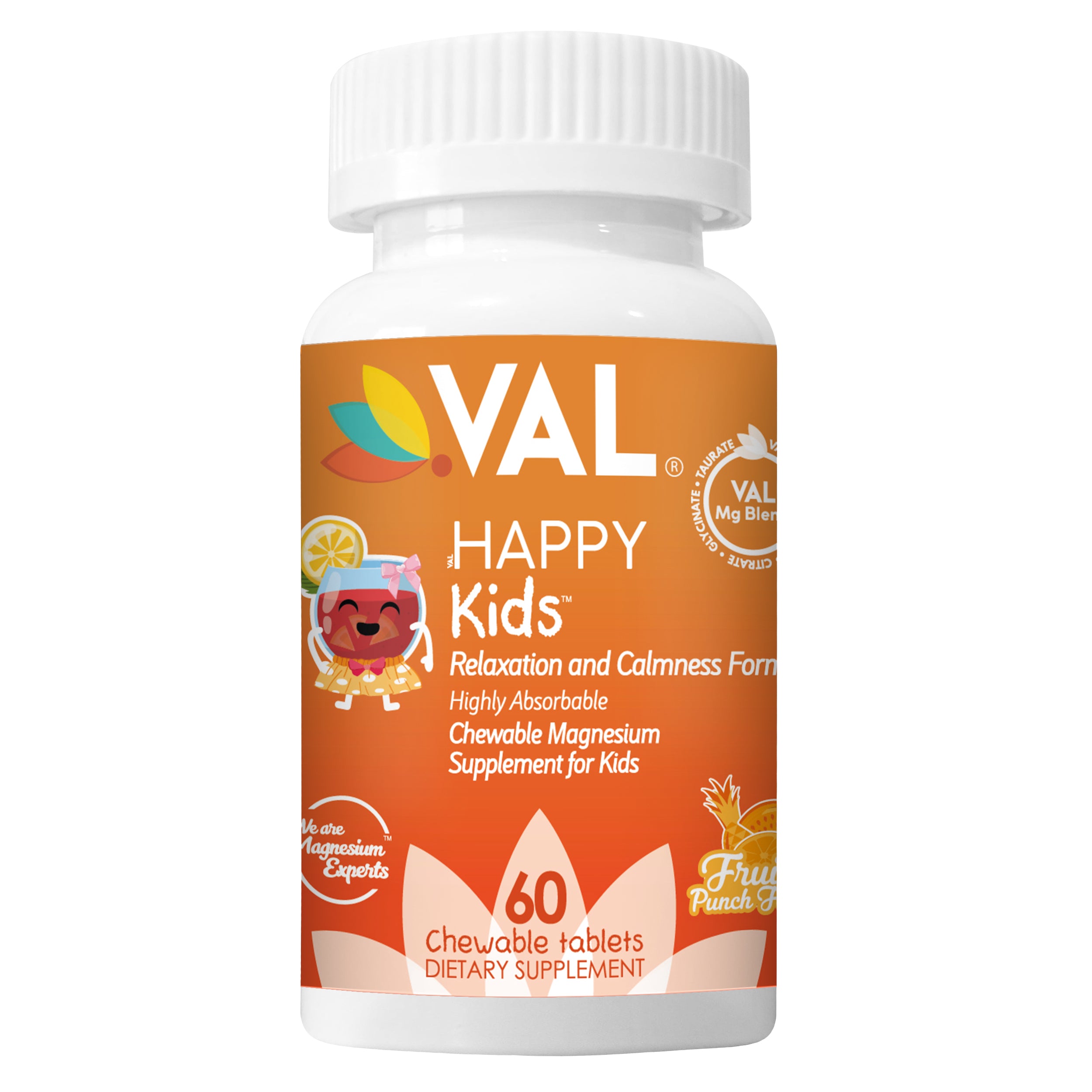 VAL Happy Kids Chewable Magnesium for Kids - Fruit Punch Flavor Relaxation and Calm Formula - 60 Chewable Tablets