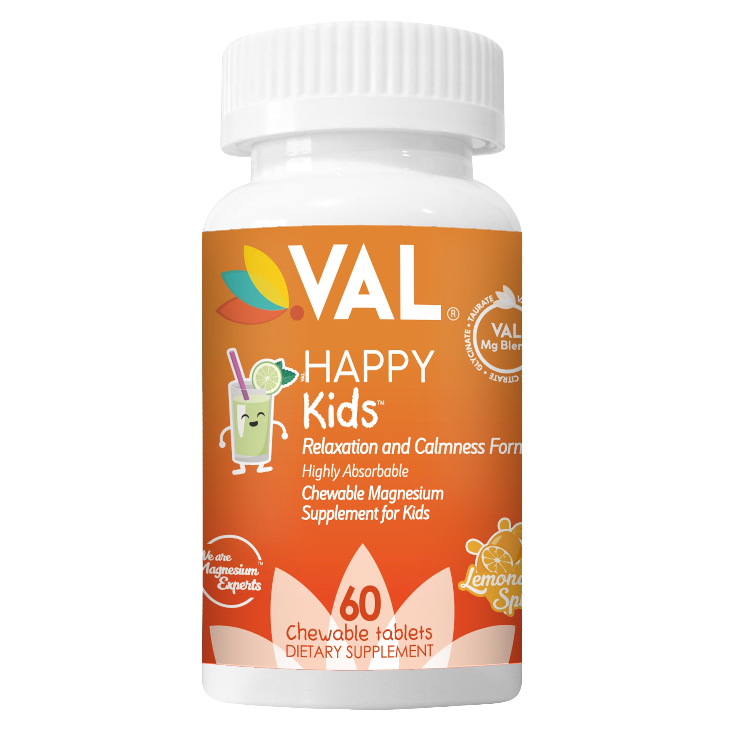VAL Happy Kids Chewable Magnesium for Kids - Lemonade Splash Flavor Relaxation and Calm Formula - 60 Chewable Tablets