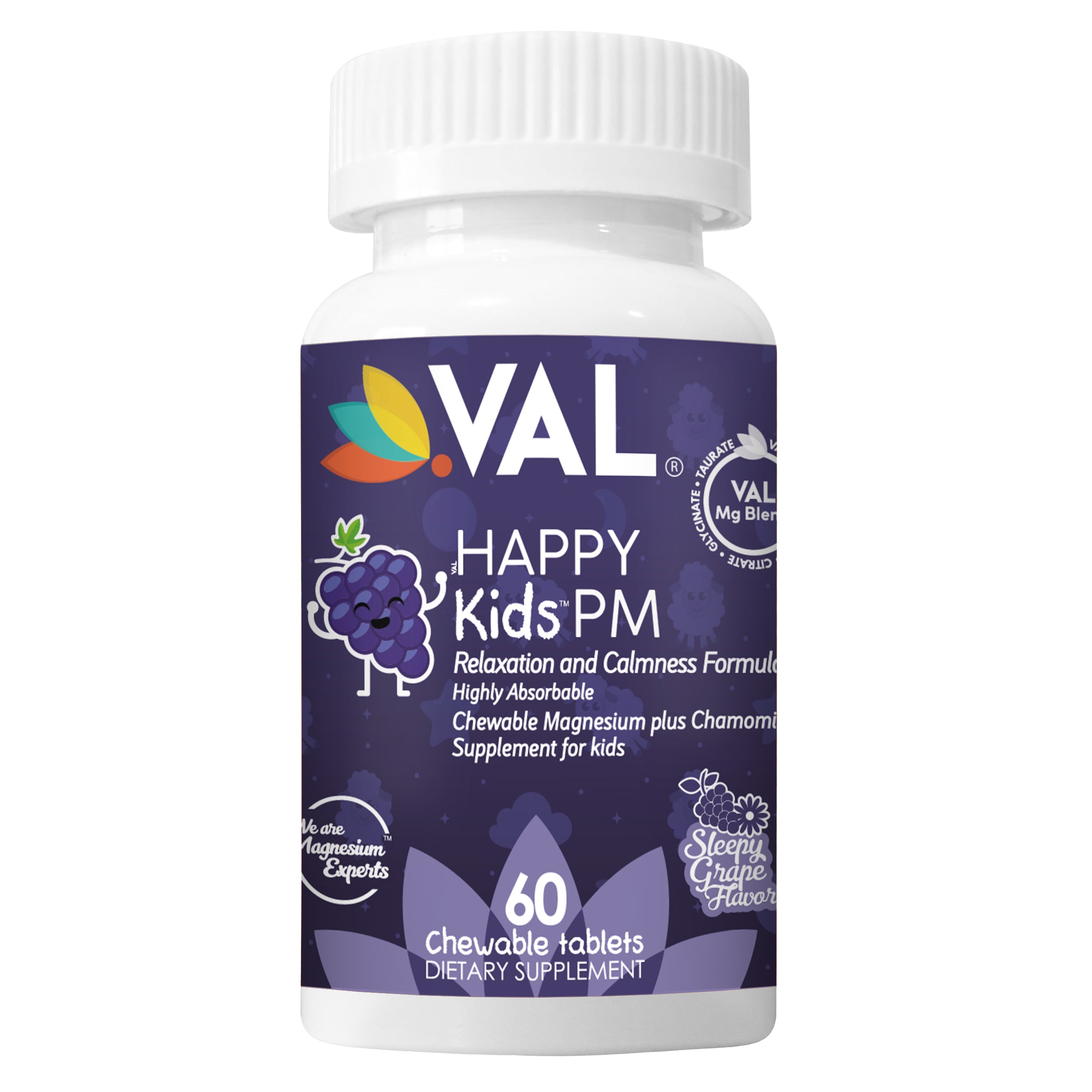 VAL Happy Kids Sleepy Grape PM Chewable: Magnesium, Chamomile, Bedtime Routine Supplement - 60 Chew Tabs60 Sugar-Free Tabs