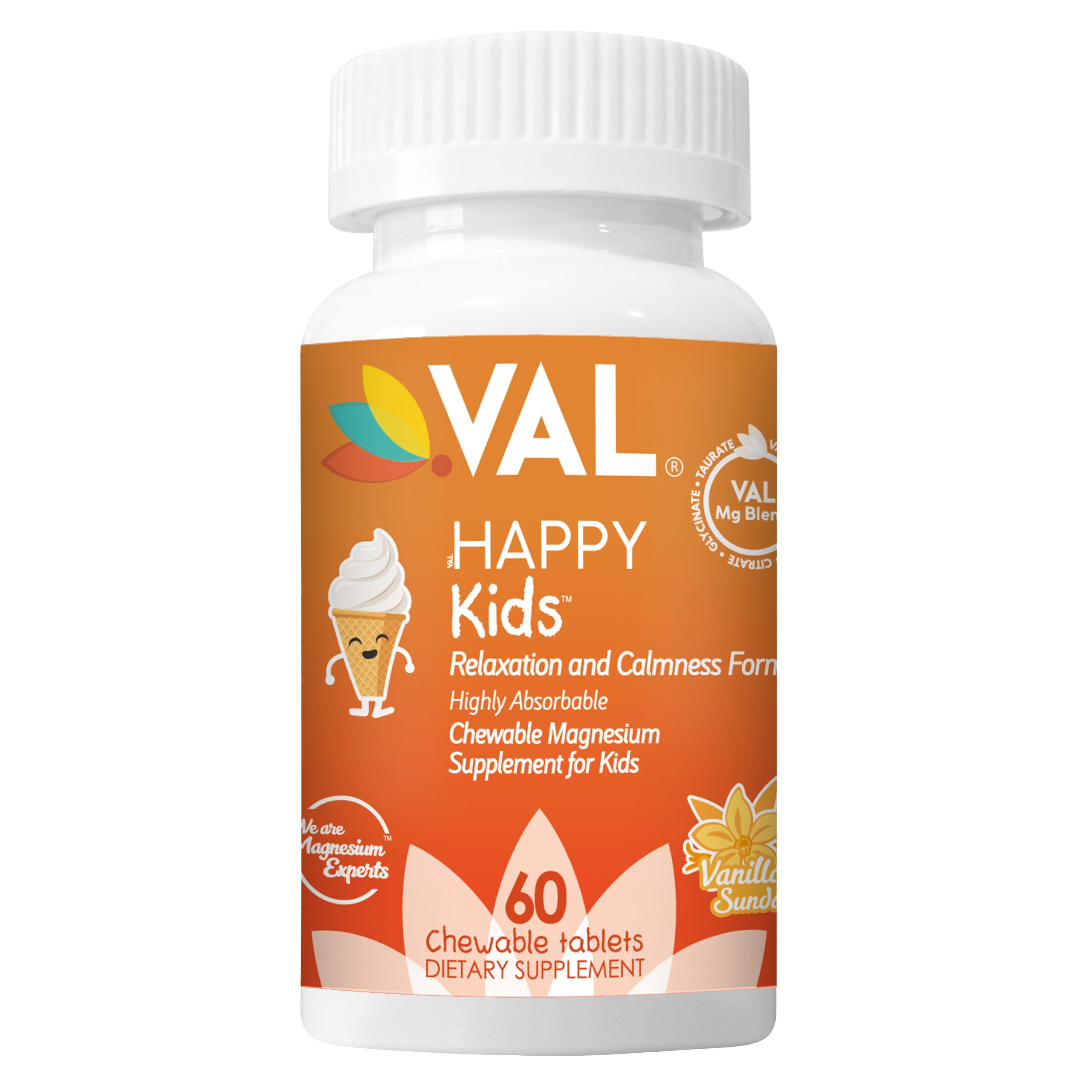 VAL Happy Kids Chewable Magnesium for Kids - Vanilla Sundae Flavor Relaxation and Calm Formula - 60 Chewable Tablets