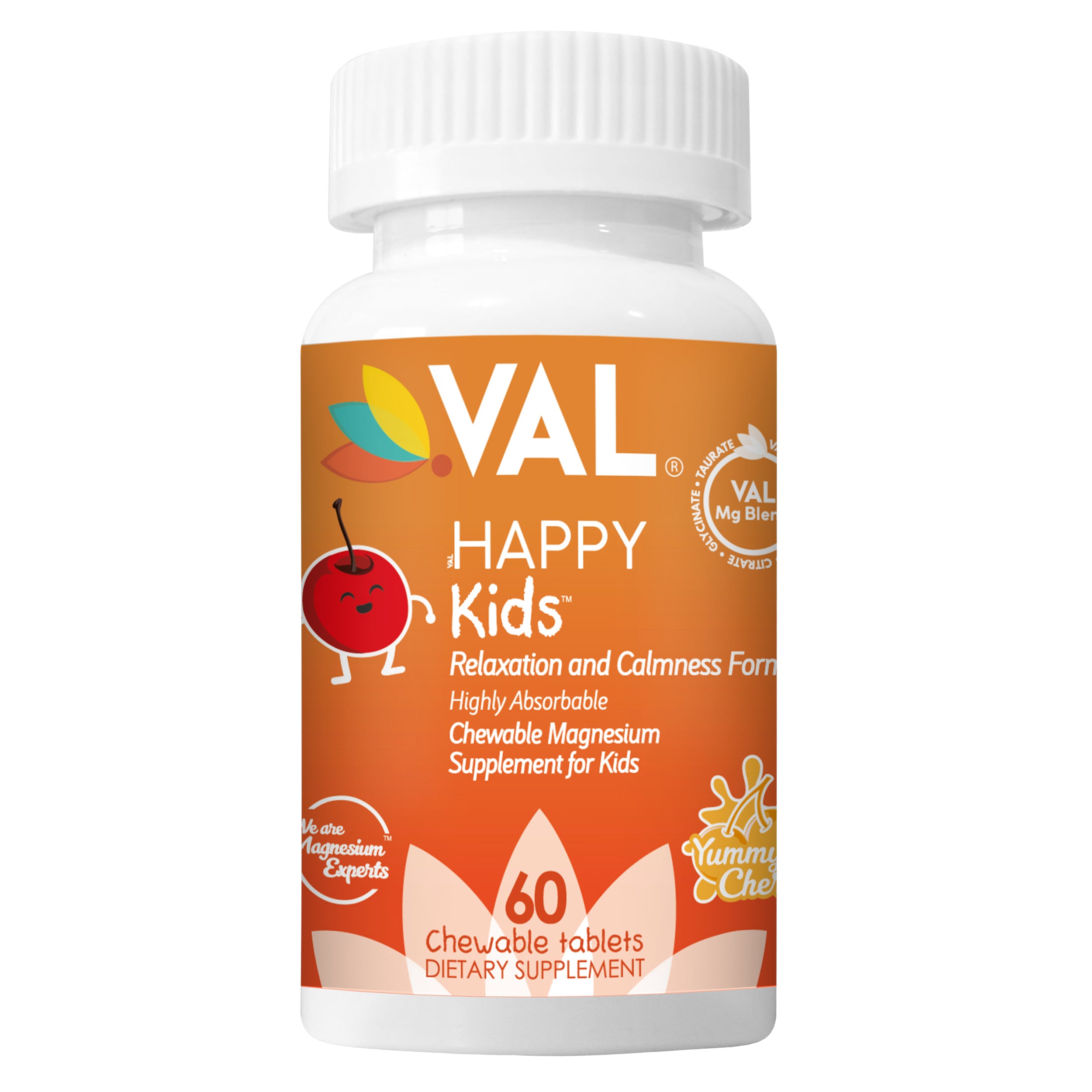 Calm, Focus & Relaxation Sugar-Free Chewable Magnesium for Kids | 60 Tablets | VAL Happy Kids | Yummy Cherry