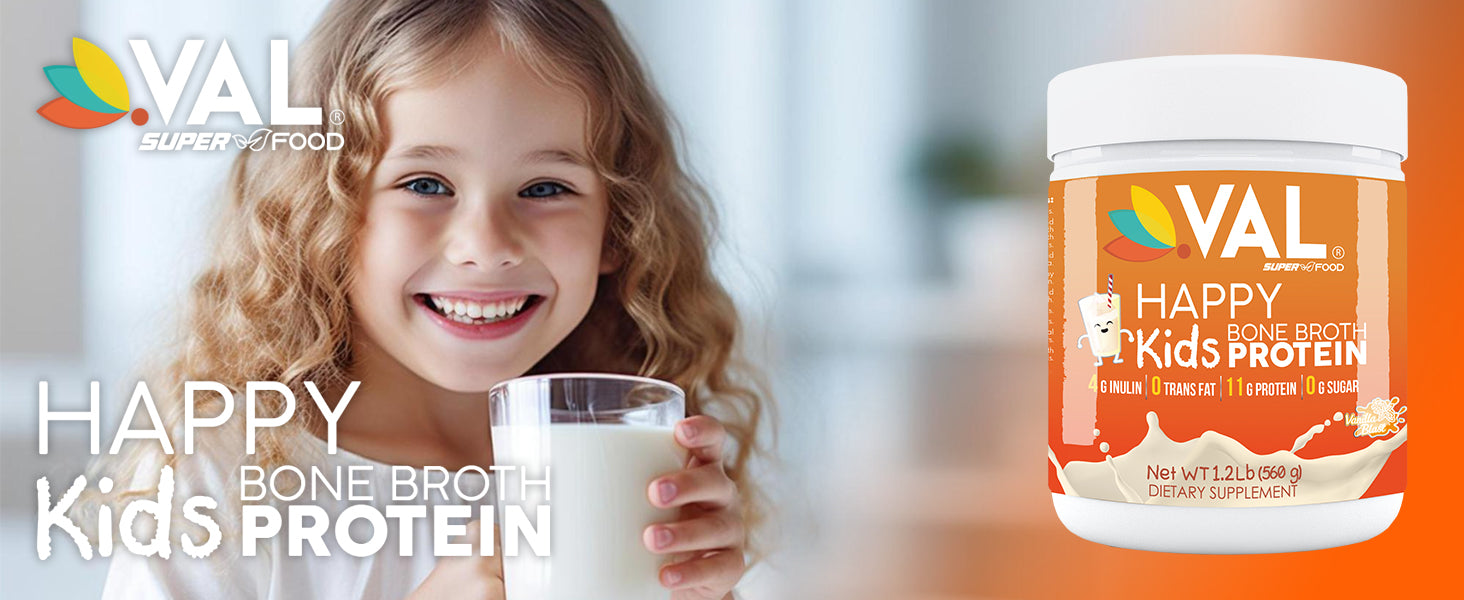 VAL Happy Kids VAL Bone Broth Powder Protein and Collagen Powerhouse: 11g of high-quality protein and 6g of collagen per serving. Enriched with 4g of inulin, Pea Protein, and MCT Oil, Supports Healthy Skin, Gut Health, Joint Supplement, 32 servings