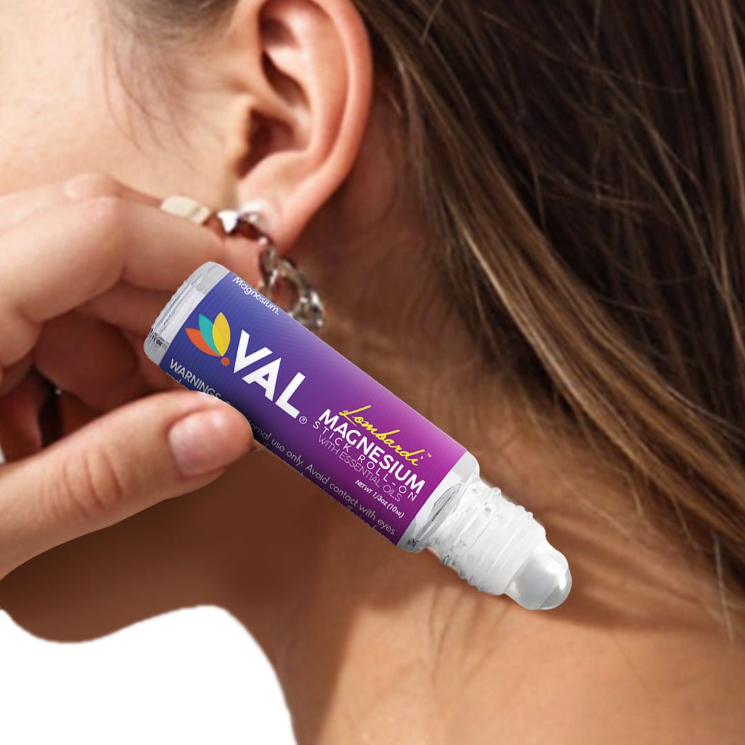 VAL Lombardi Magnesium Stick Rollon with Peppermint & Other Essential Oils, Natural Migraine Relief. Metal Roller - Val Supplements